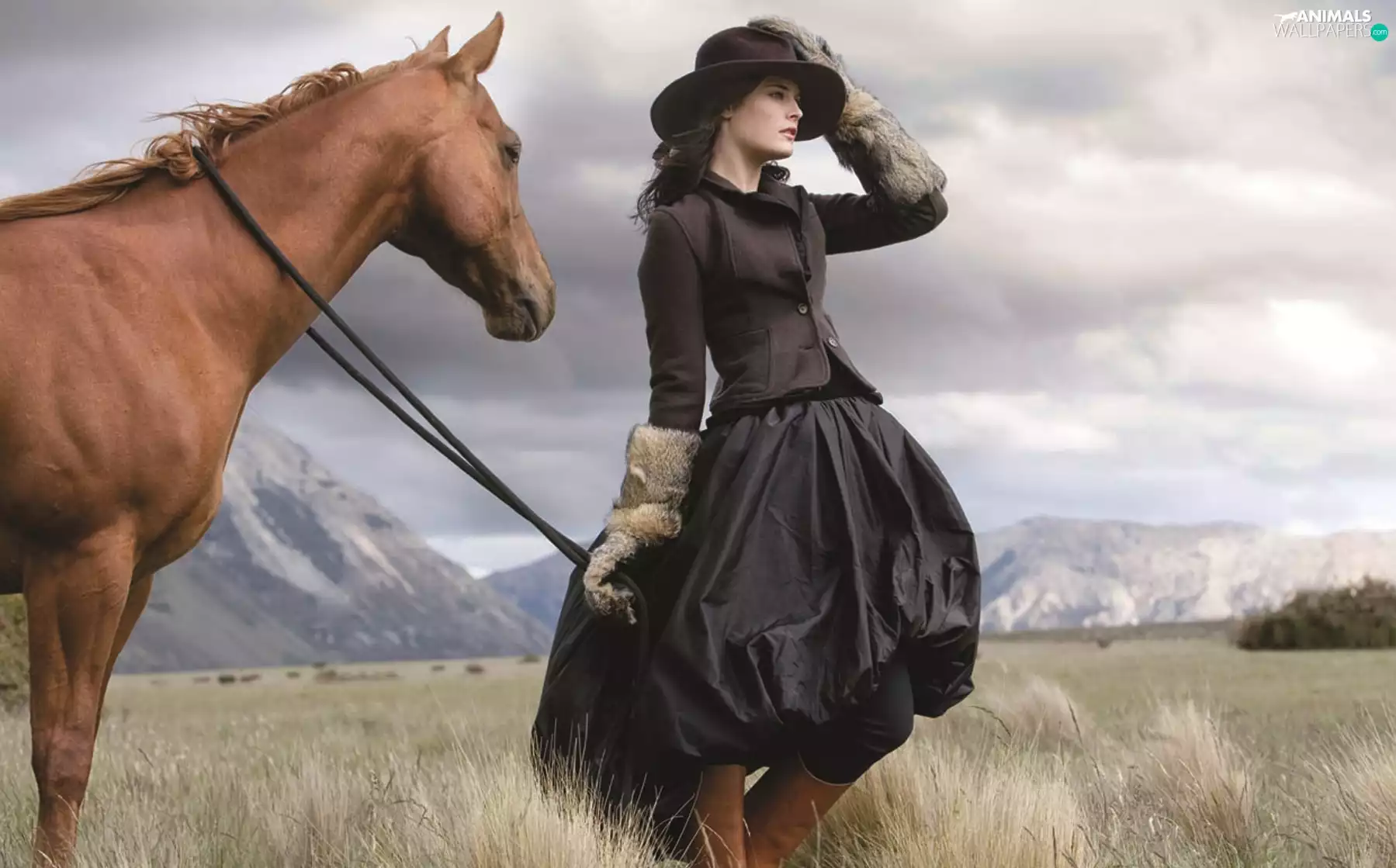 Women, Horse, Mountains, Hat