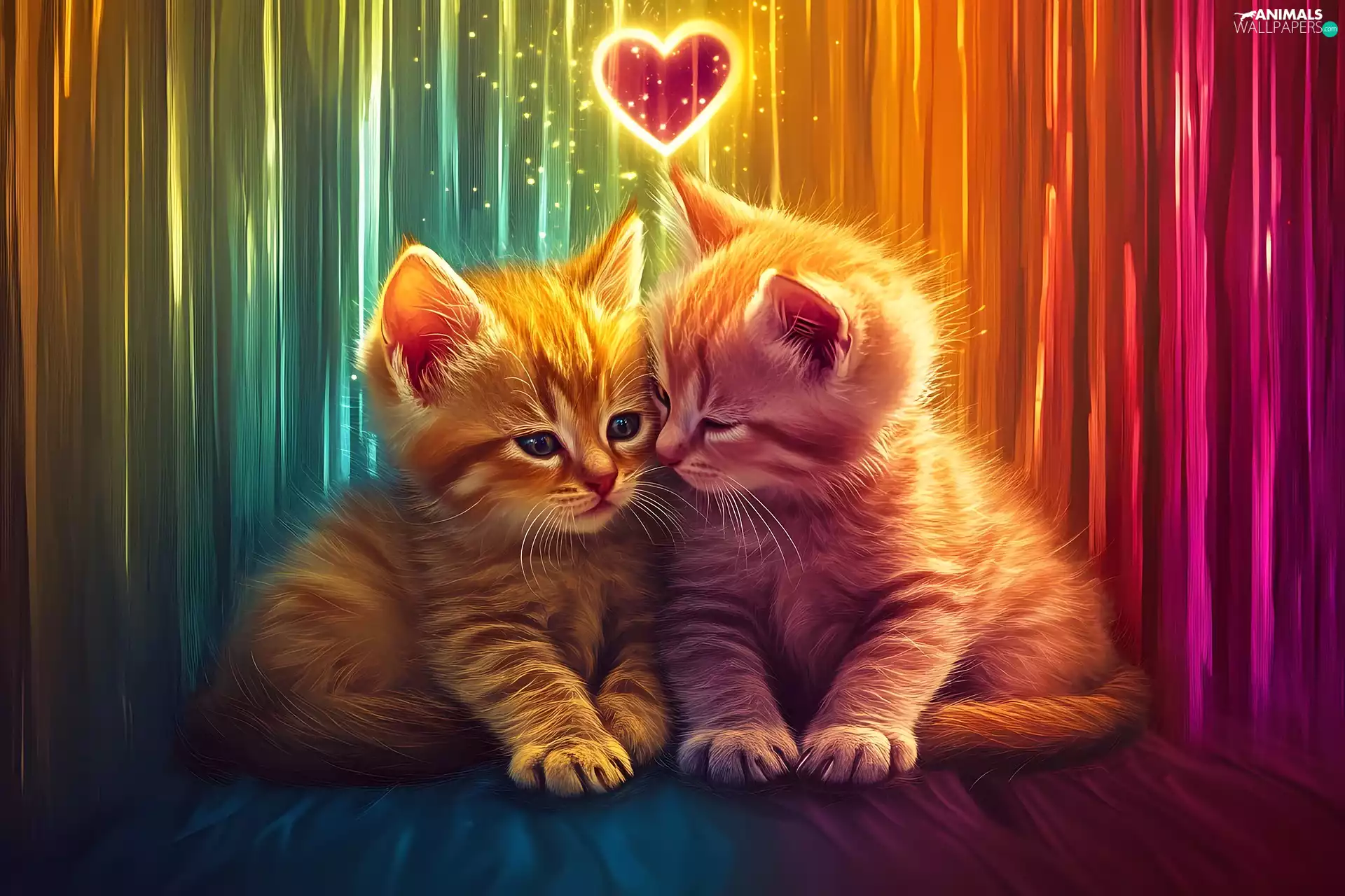 Heart teddybear, Colorful Background, little doggies, cats, Two cars