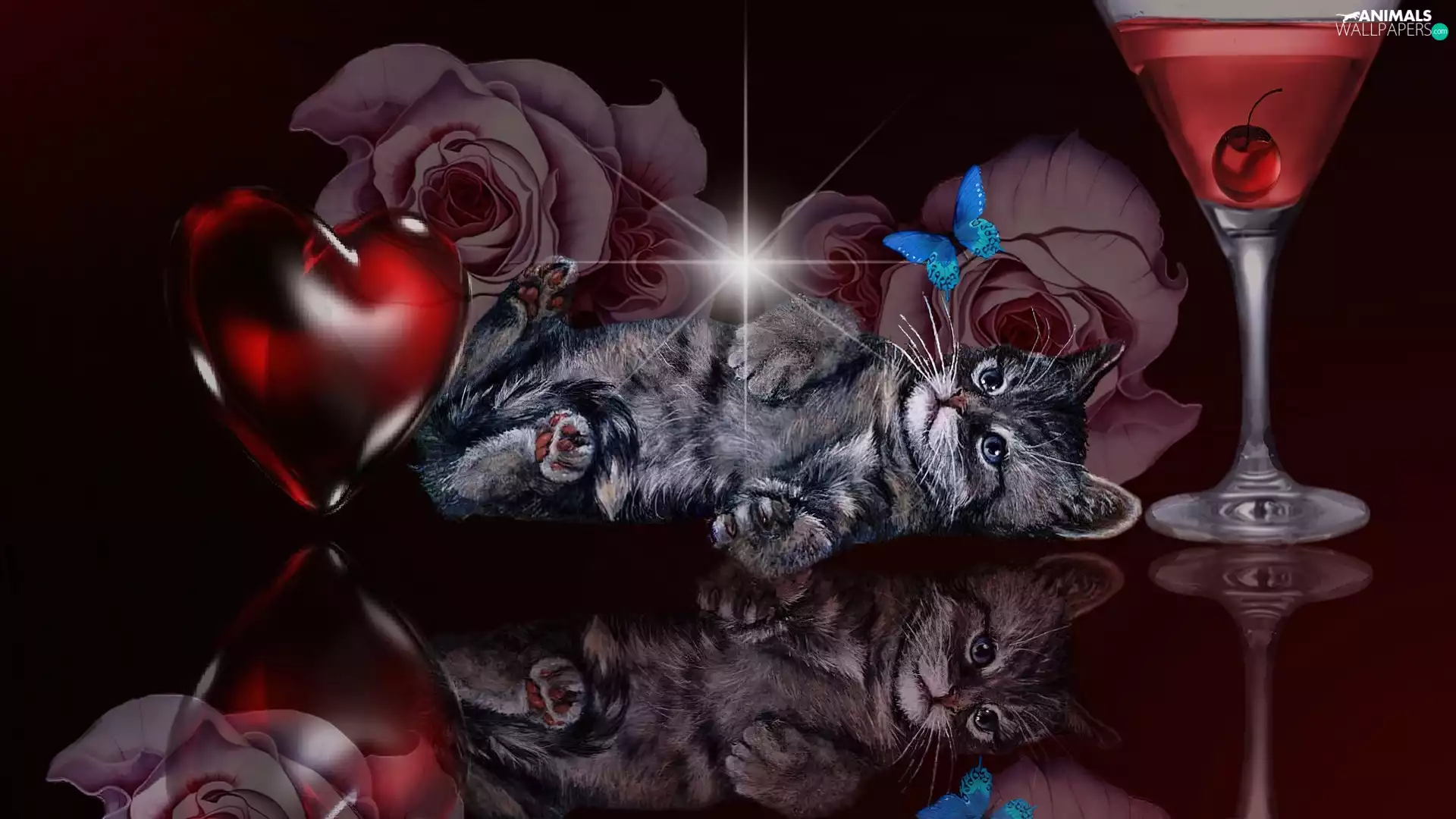 kitten, reflection, Art, Heart