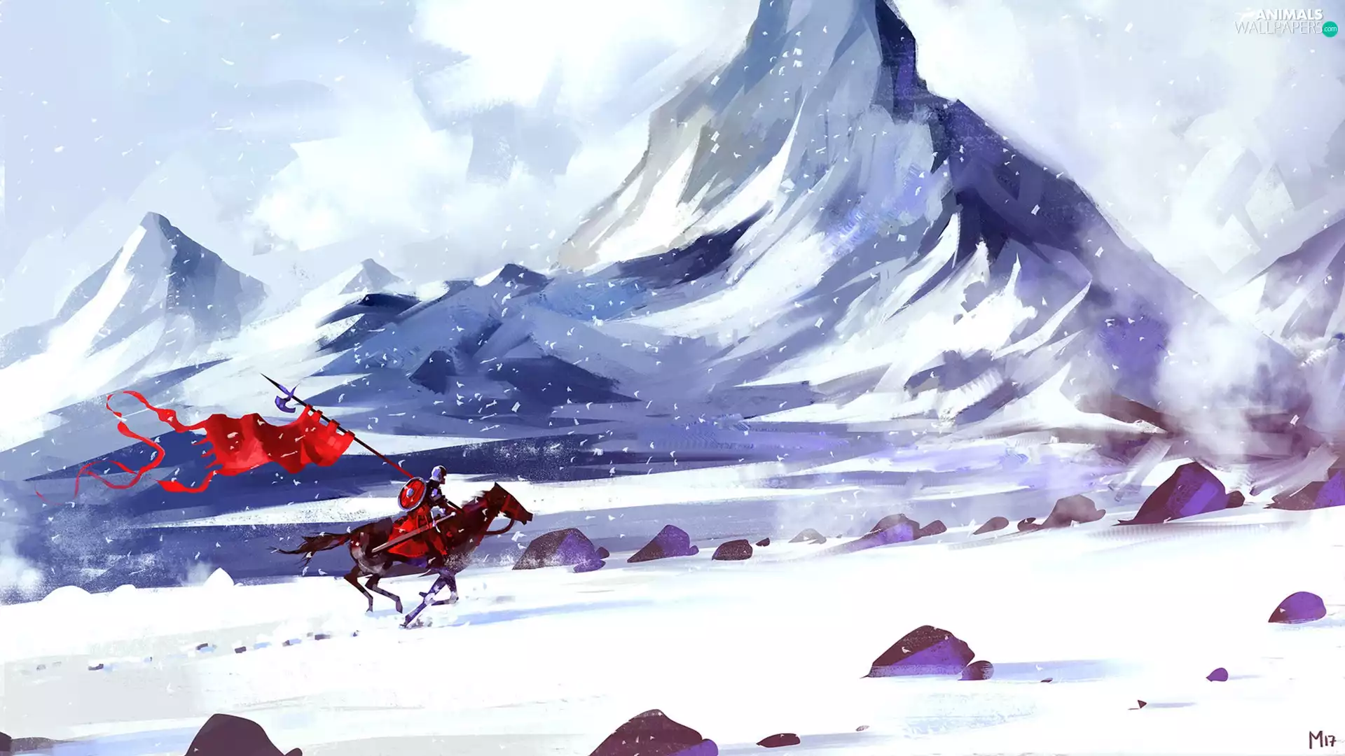 winter, Digital Art, Horse, Banner, Knight, Mountains