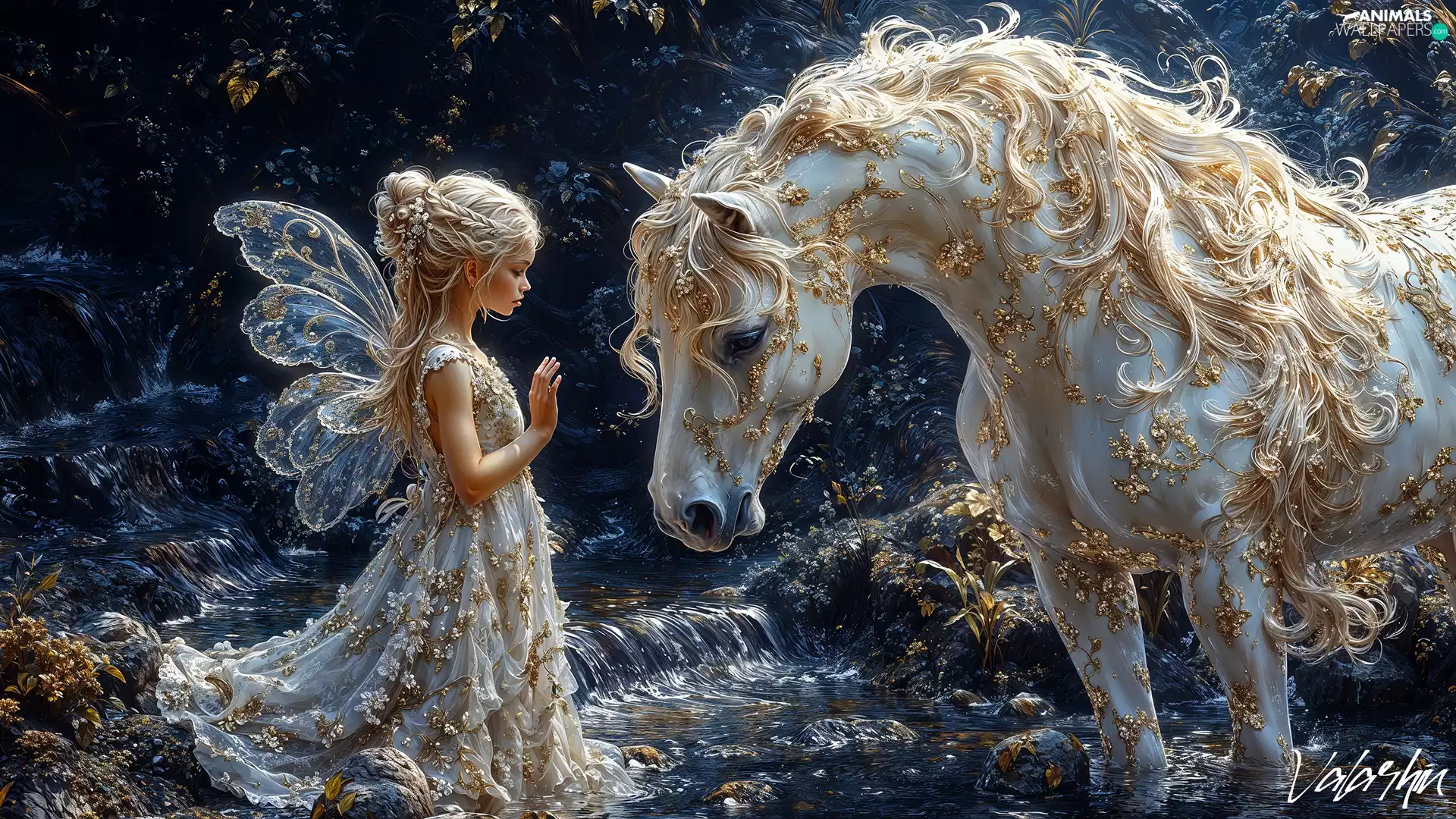 White, Horse, girl, wings, fantasy