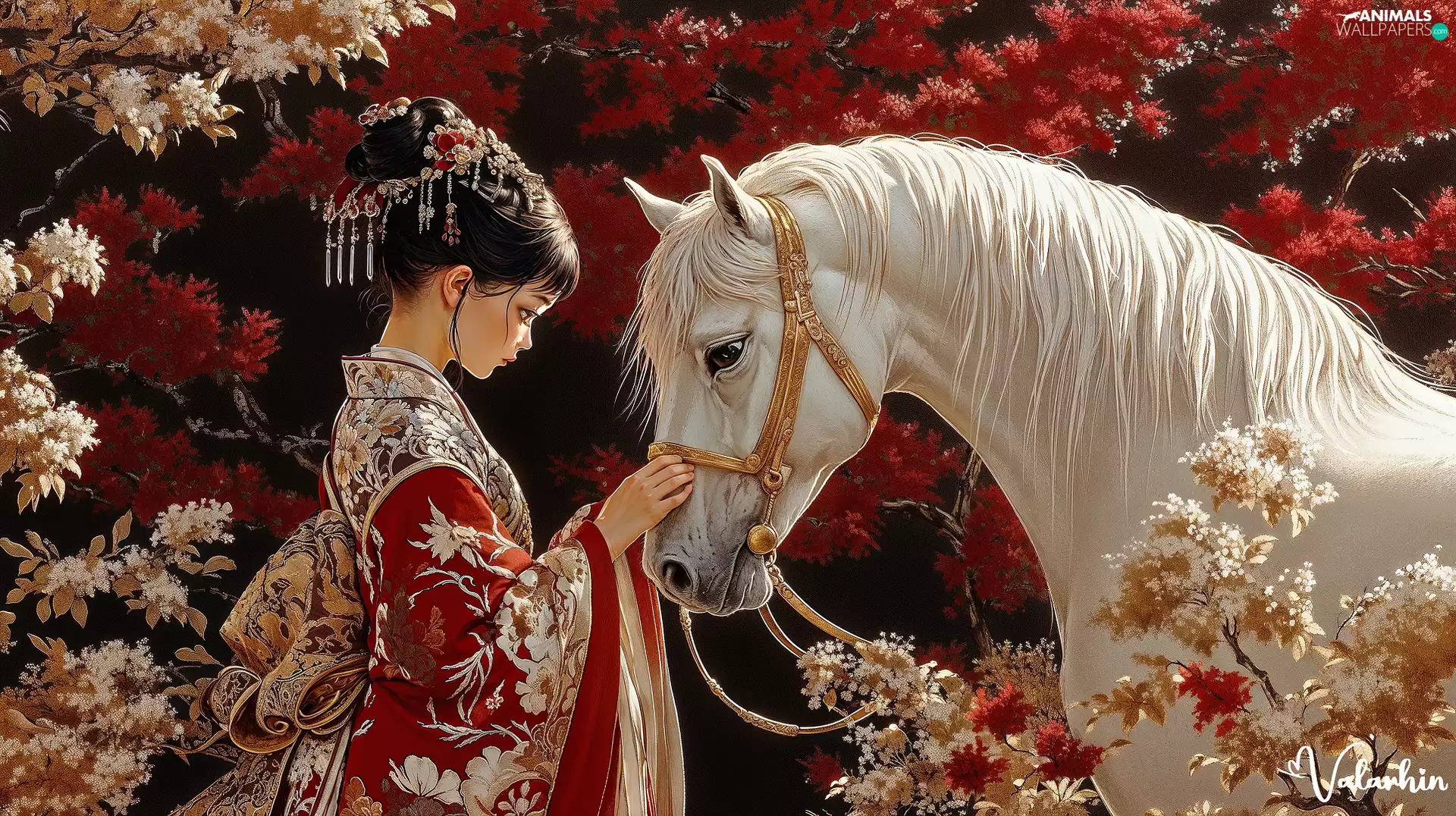 White, Horse, girl, kimono, Japanese