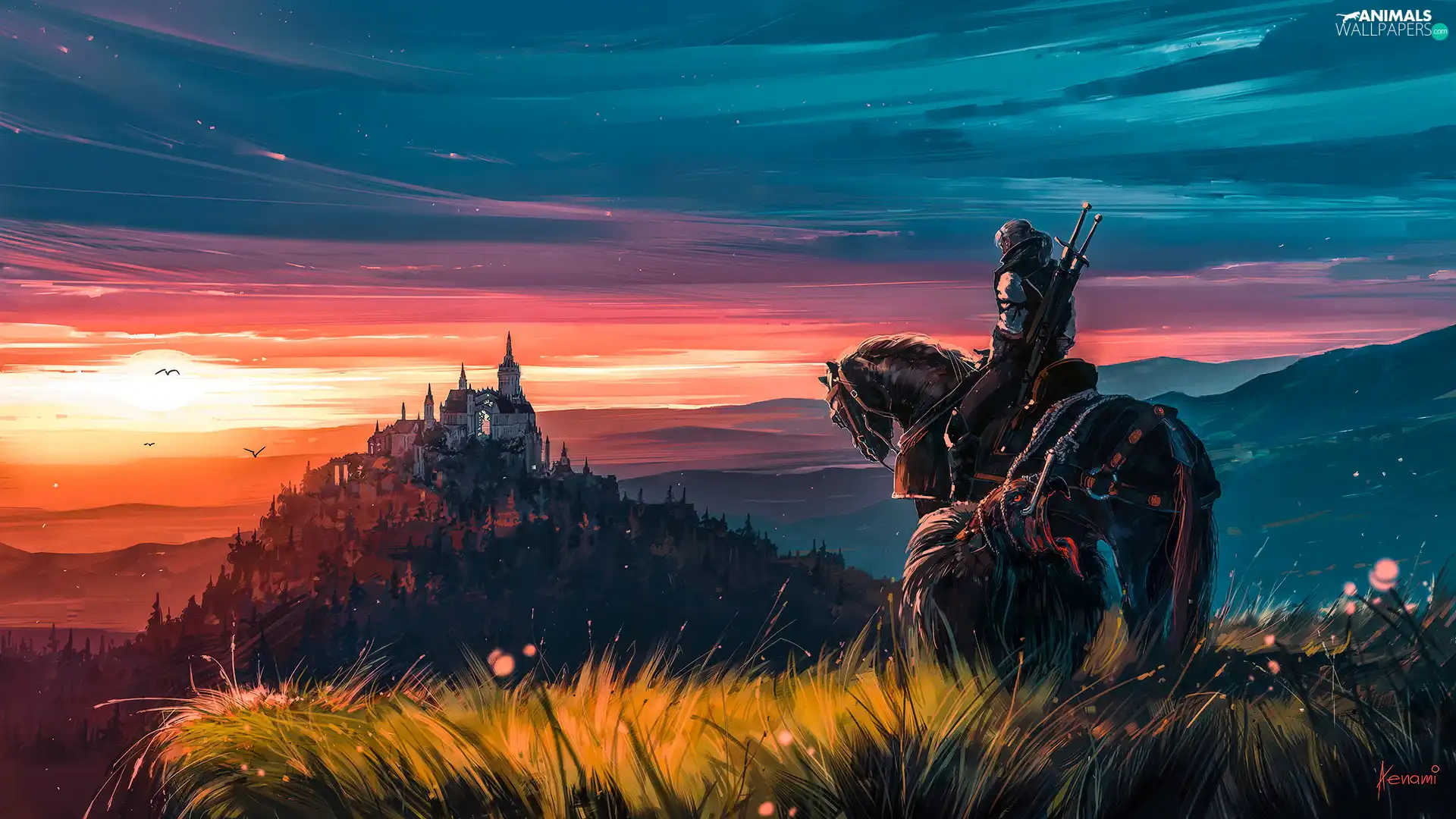 Castle, The Witcher, Horse, rider, graphics