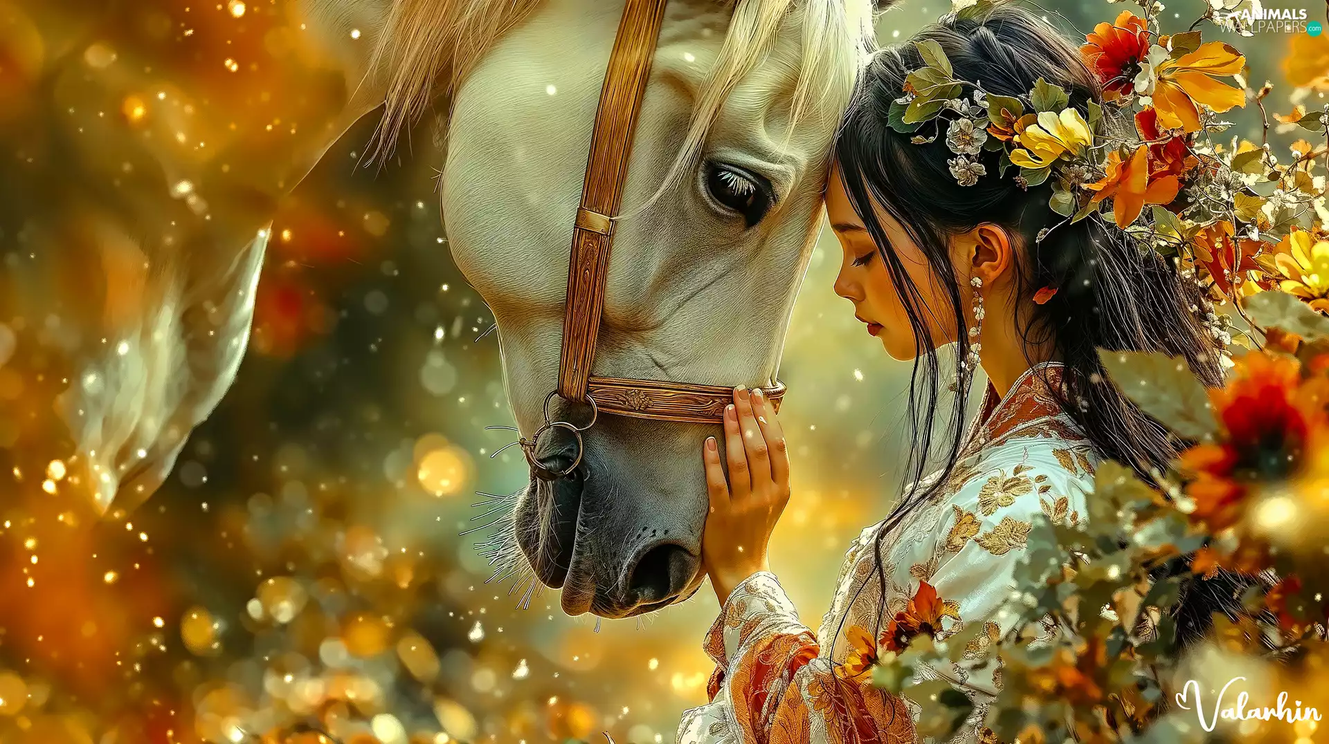 Flowers, Women, White, Horse, Hair, kimono