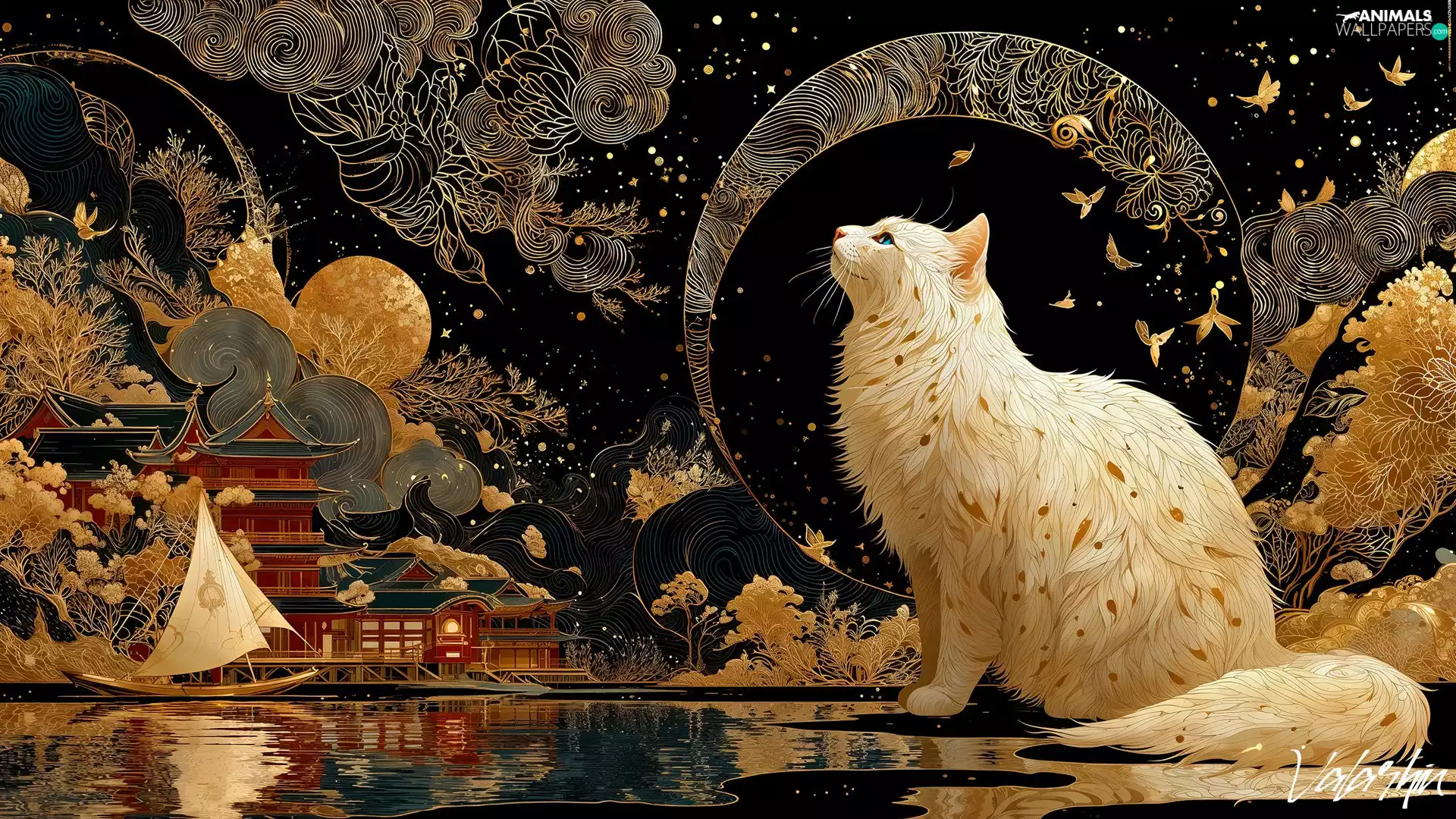 White, graphics, lake, house, cat, Night