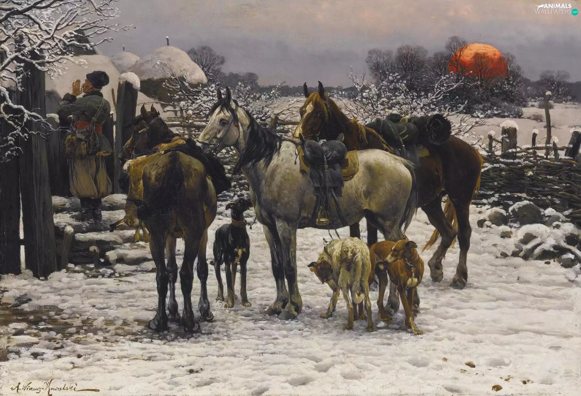 house, Dogs, Paintings Reproduction, winter, bloodstock, Characters, Alfred Wierusz-Kowalski