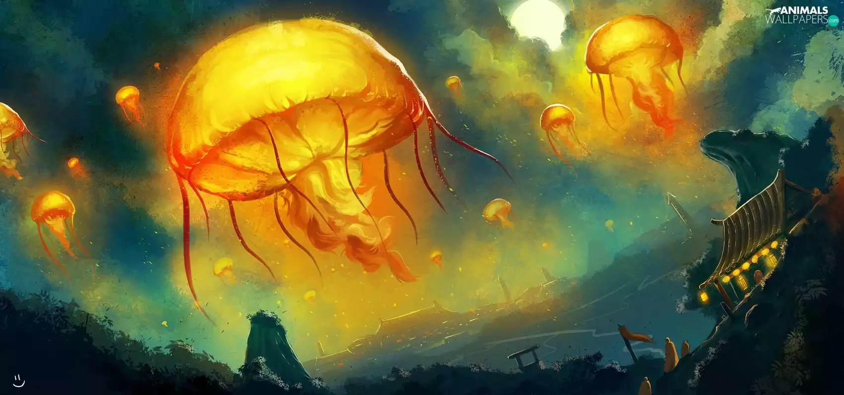 sea, Houses, jellyfish, Lanterns, China