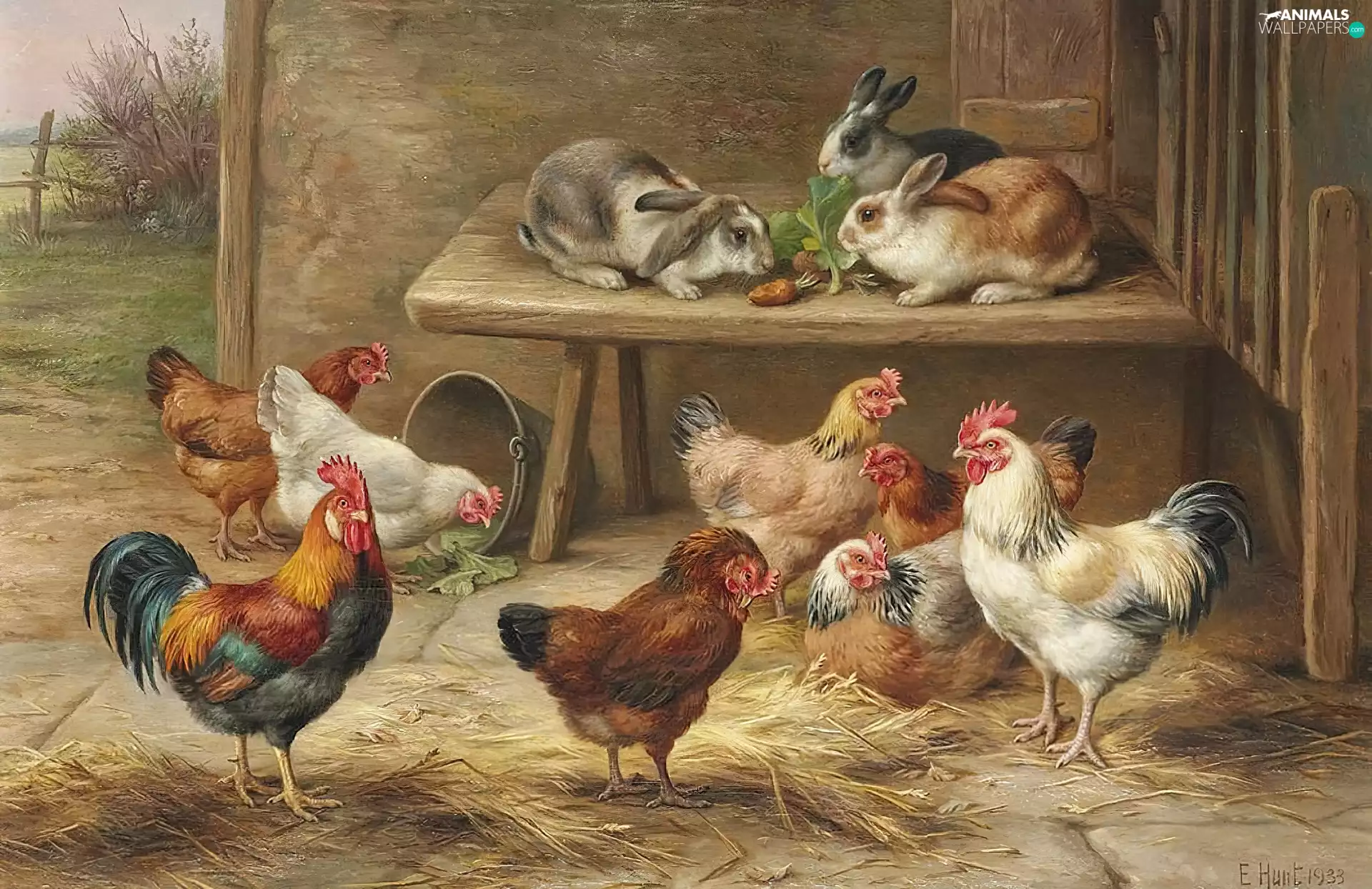 Edgar Hunt, Rabbits, table, hens