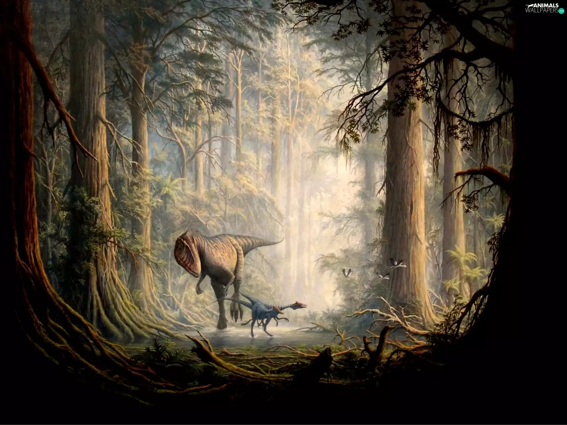 hunting, dinosaurs, forest
