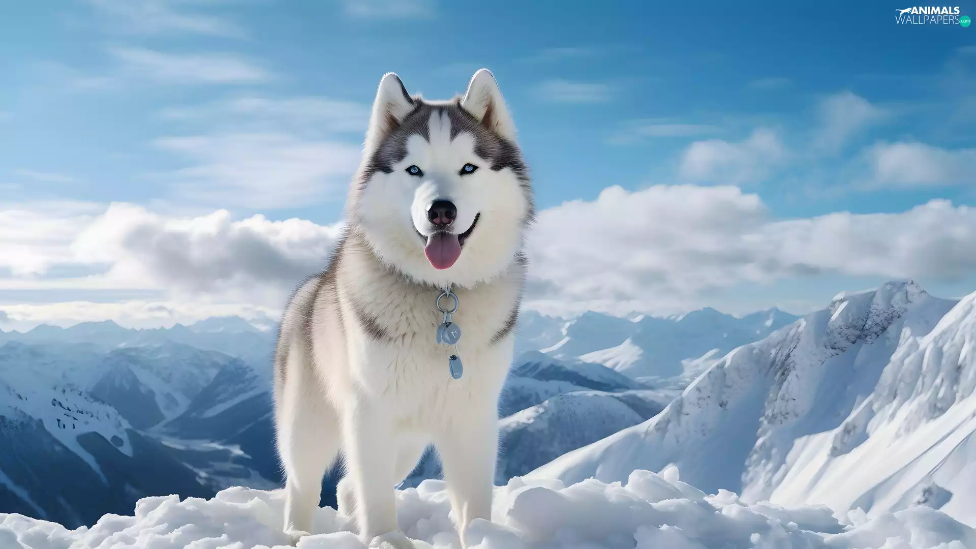 Mountains, winter, Siberian Husky, tongue, dog, Snowy