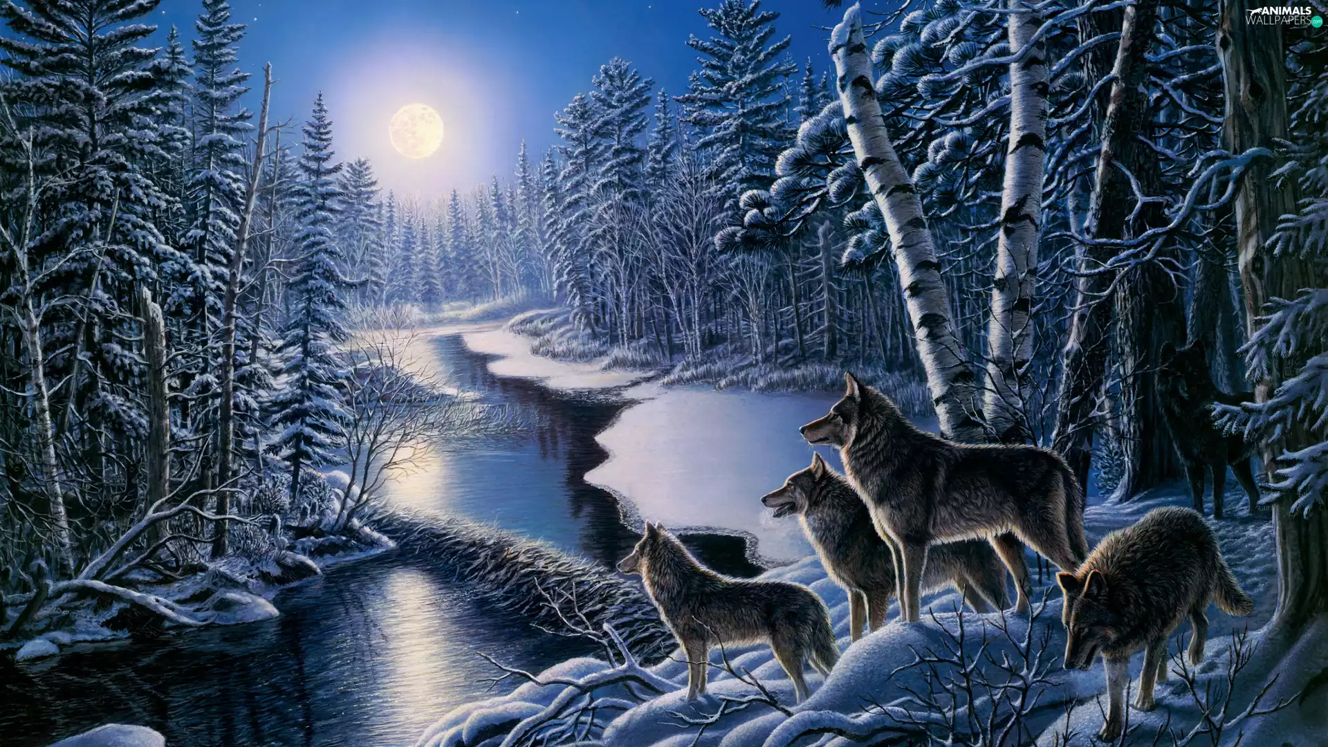 herd, picture, forest, moon, Night, painting, James Meger, winter, River, wolves
