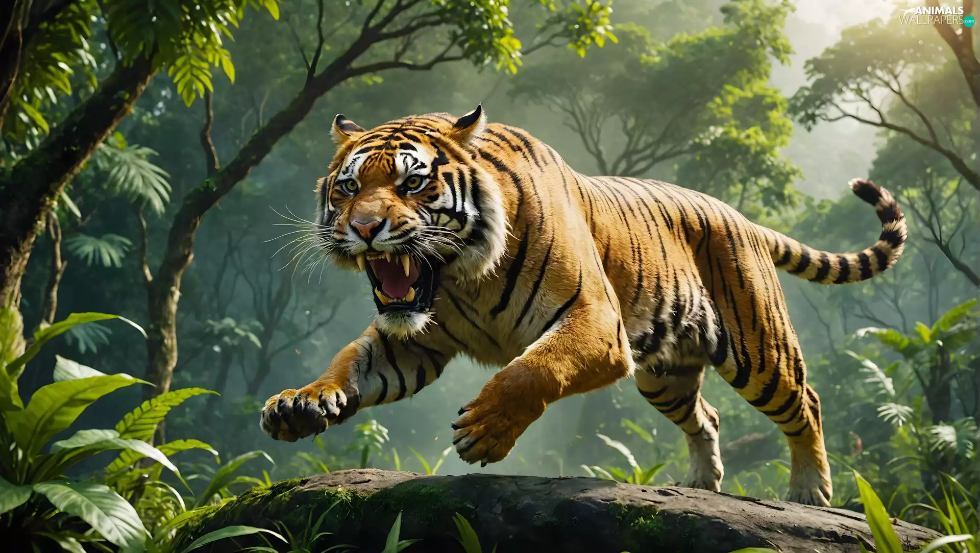 tiger, open, mouth, jump