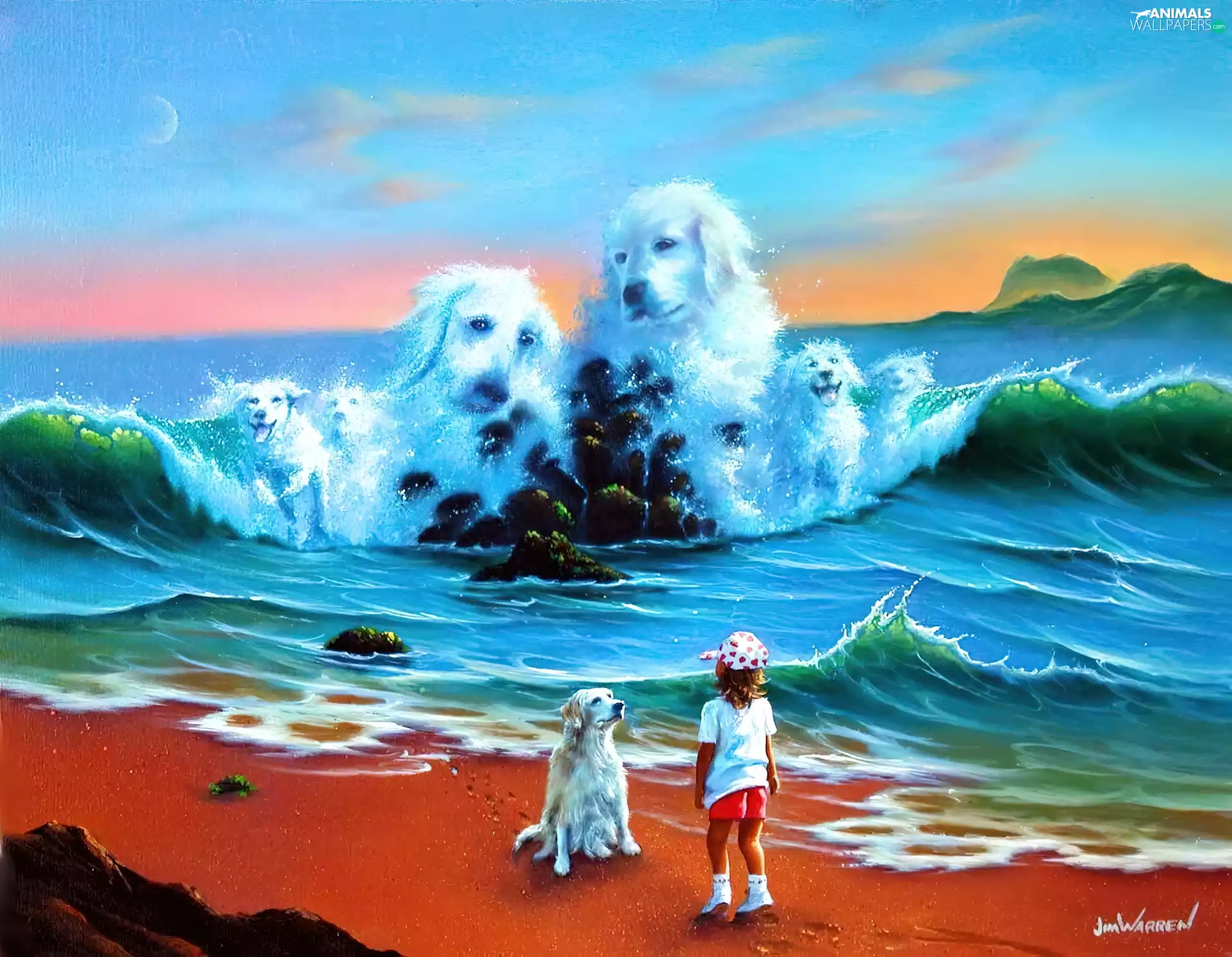 Dogs, Kid, Beaches, Waves, sea