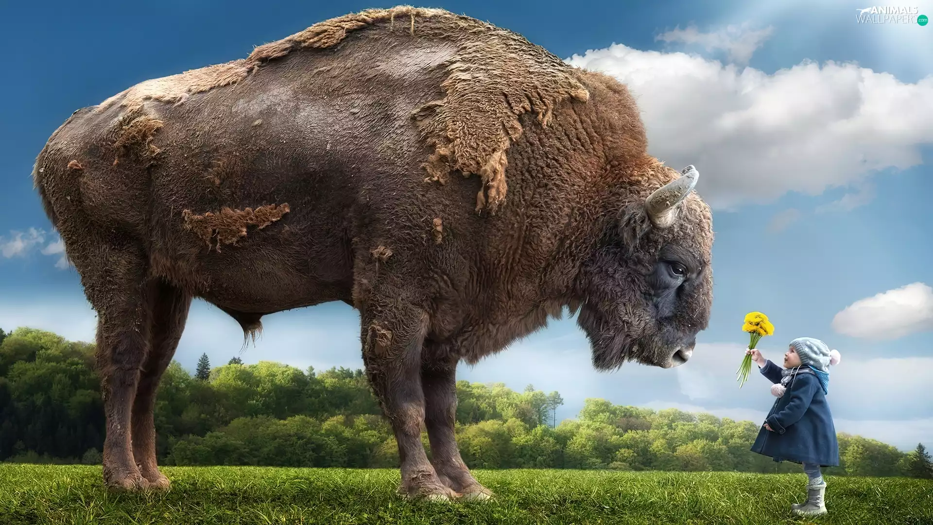Bison, Flowers, grass, Kid