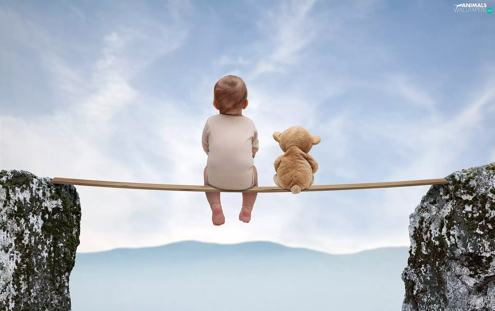 Mountains, Kid, teddy bear, rocks