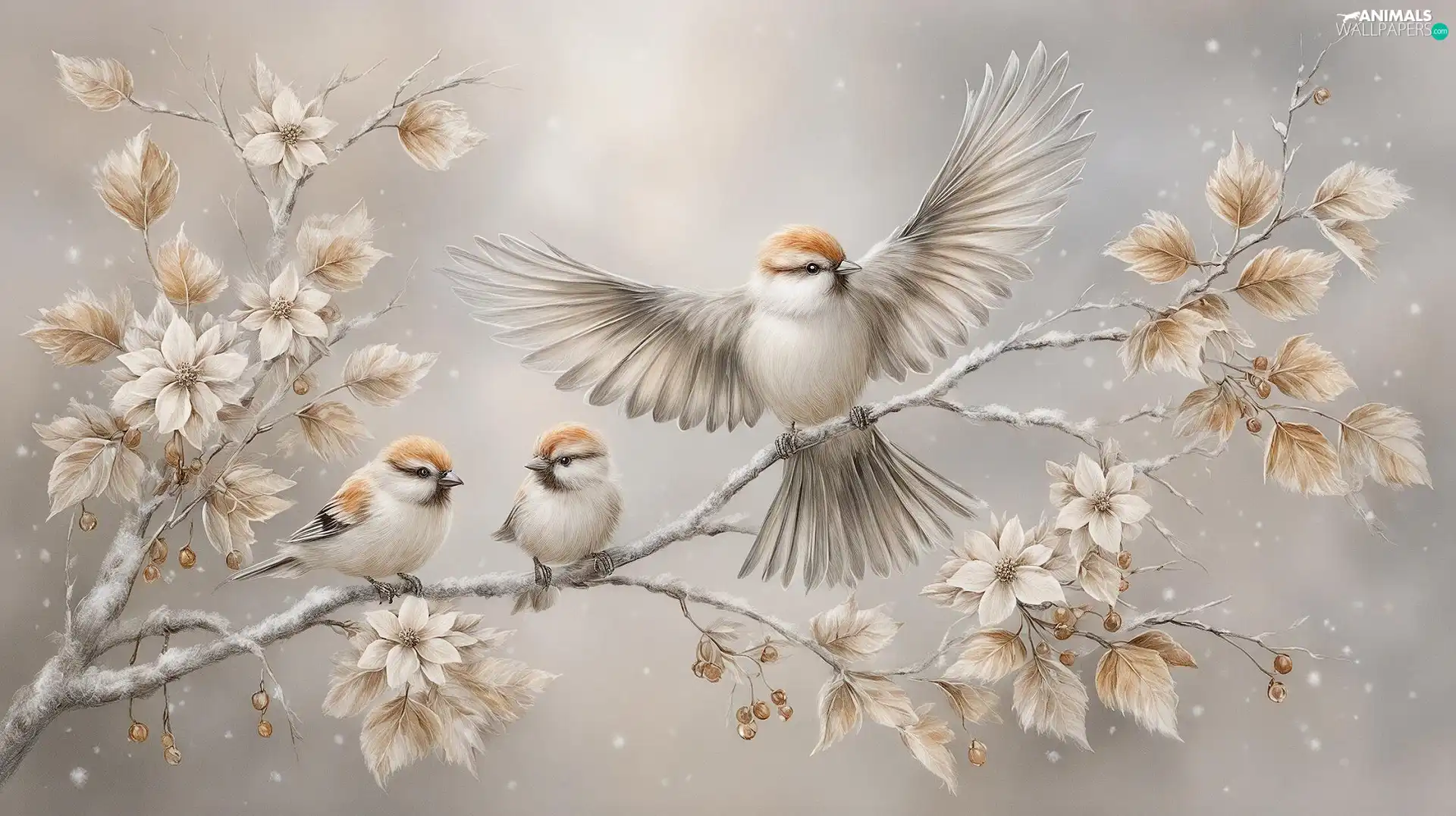 Flowers, Leaf, birds, twig, Three