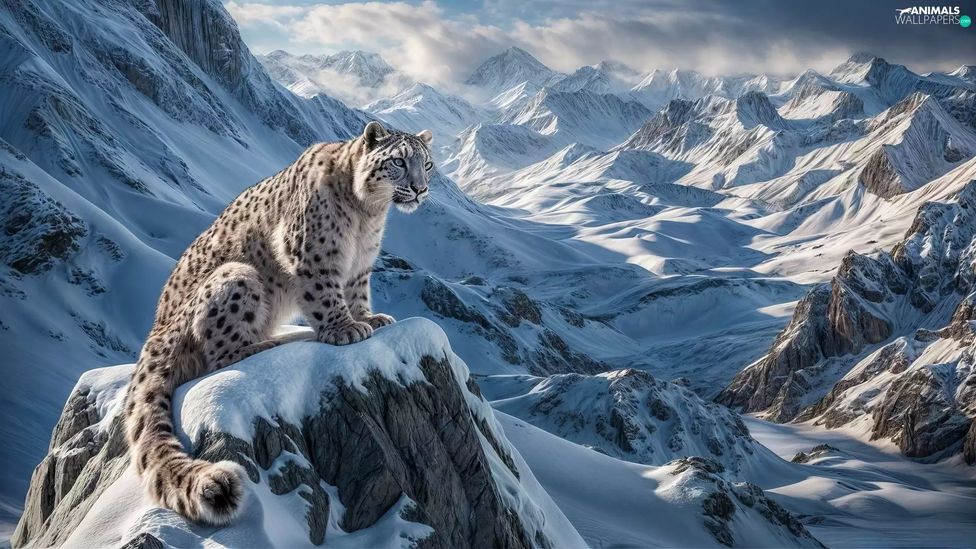 snow leopard, Mountains, winter, snow