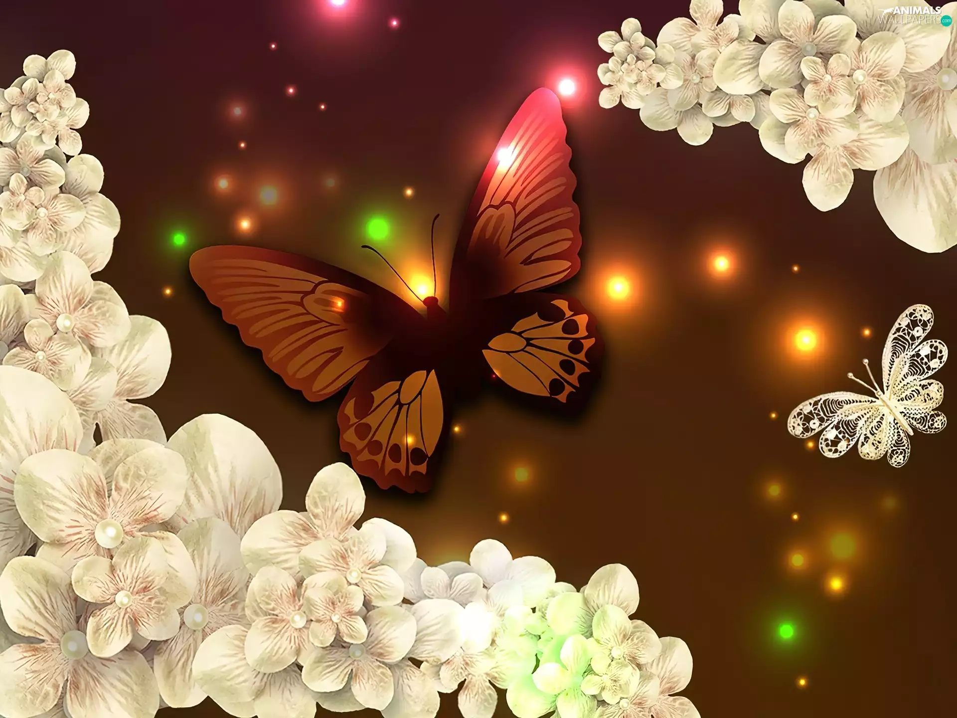 lights, butterfly, Flowers