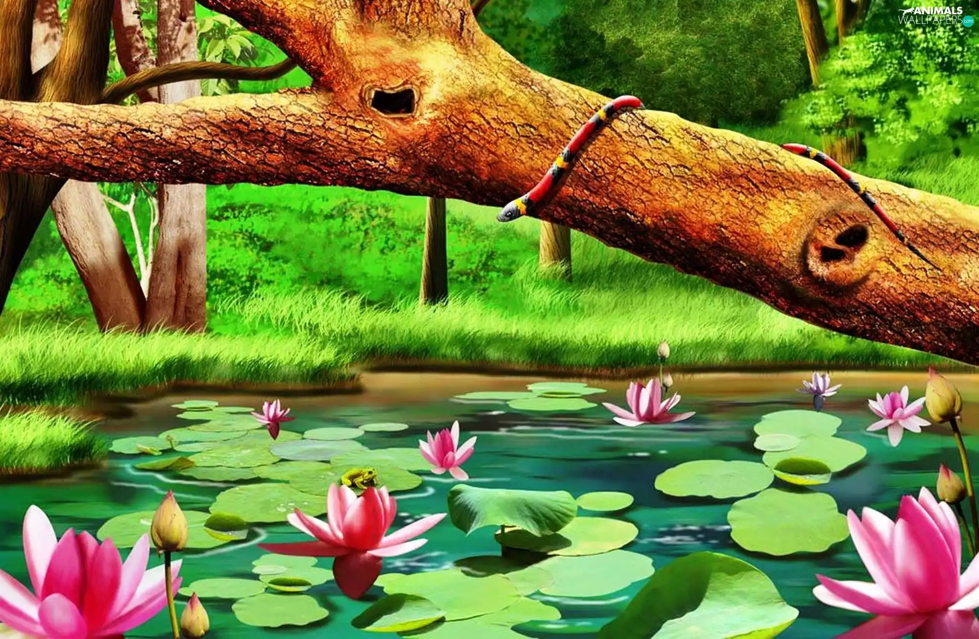 lilies, Snake, trees