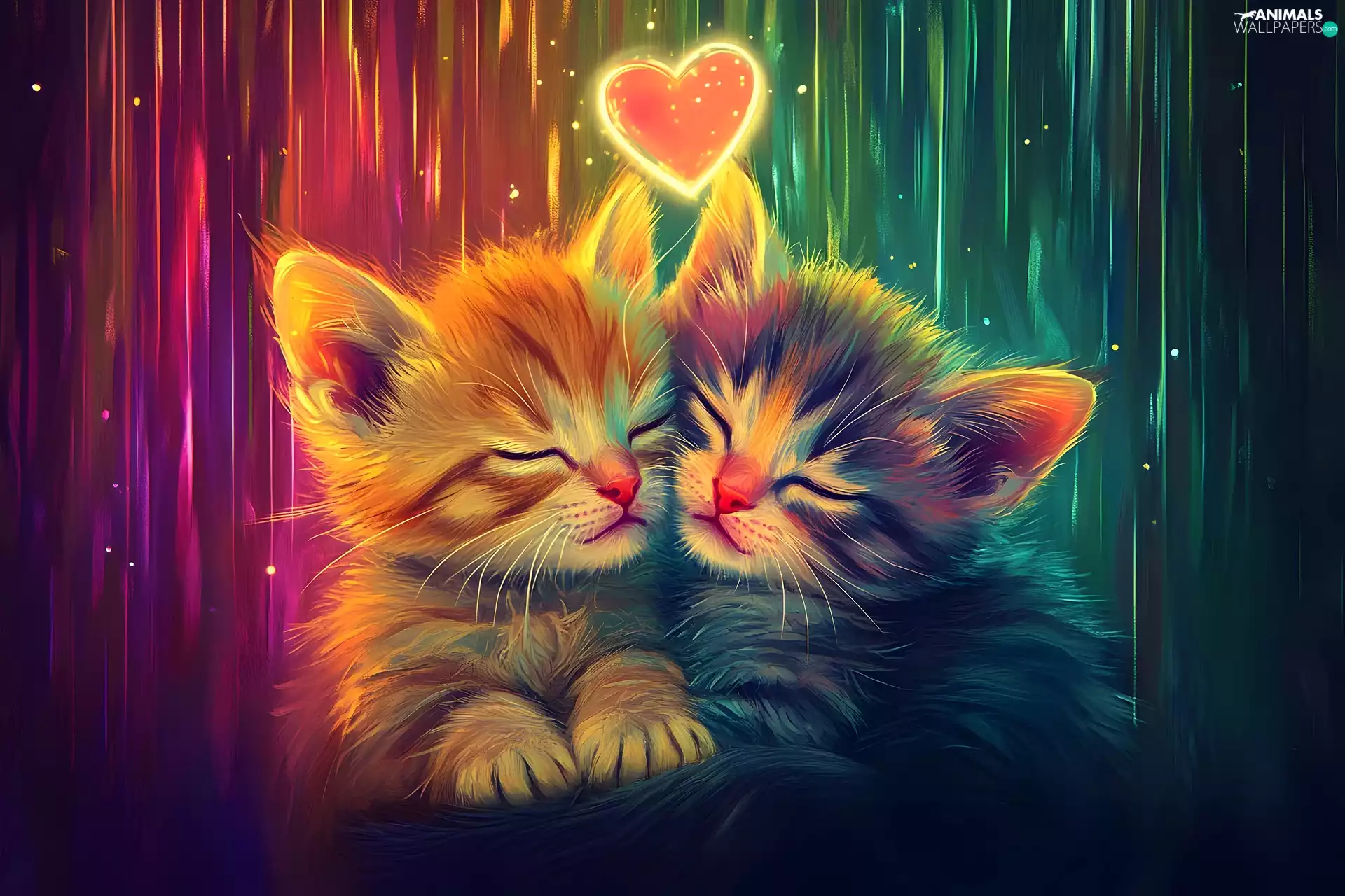 little doggies, Two cars, Heart, Colorful Background, cats, Sleeping