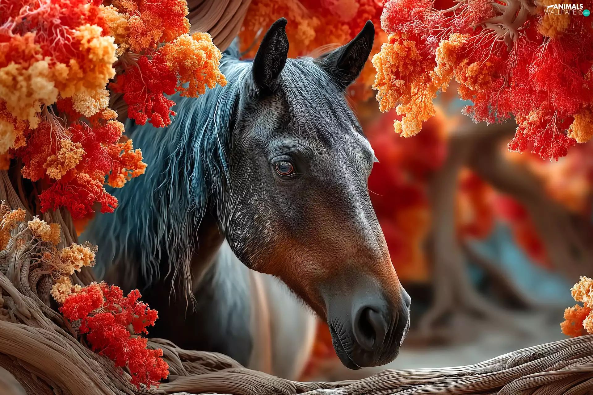 Horse, Plants, graphics, Lod on the beach