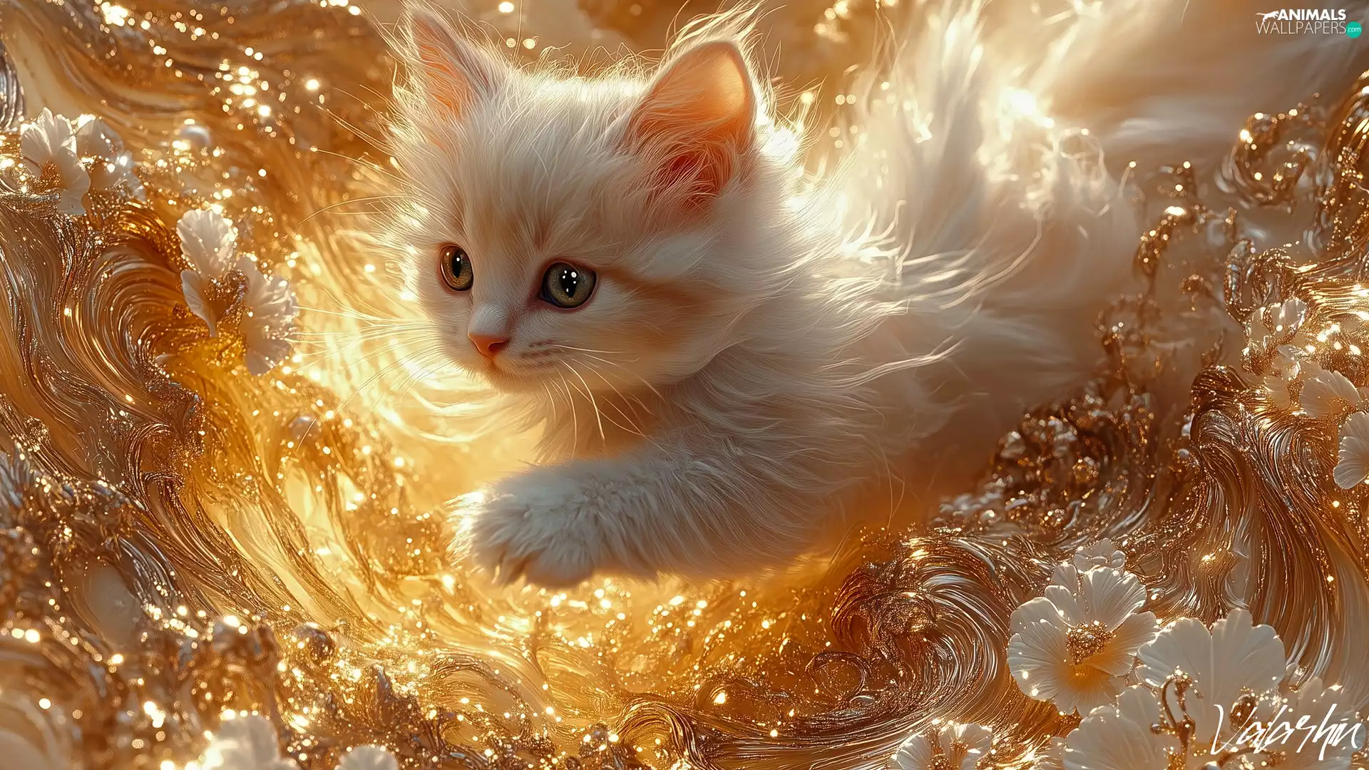 White, cat, Flowers, Longhaired