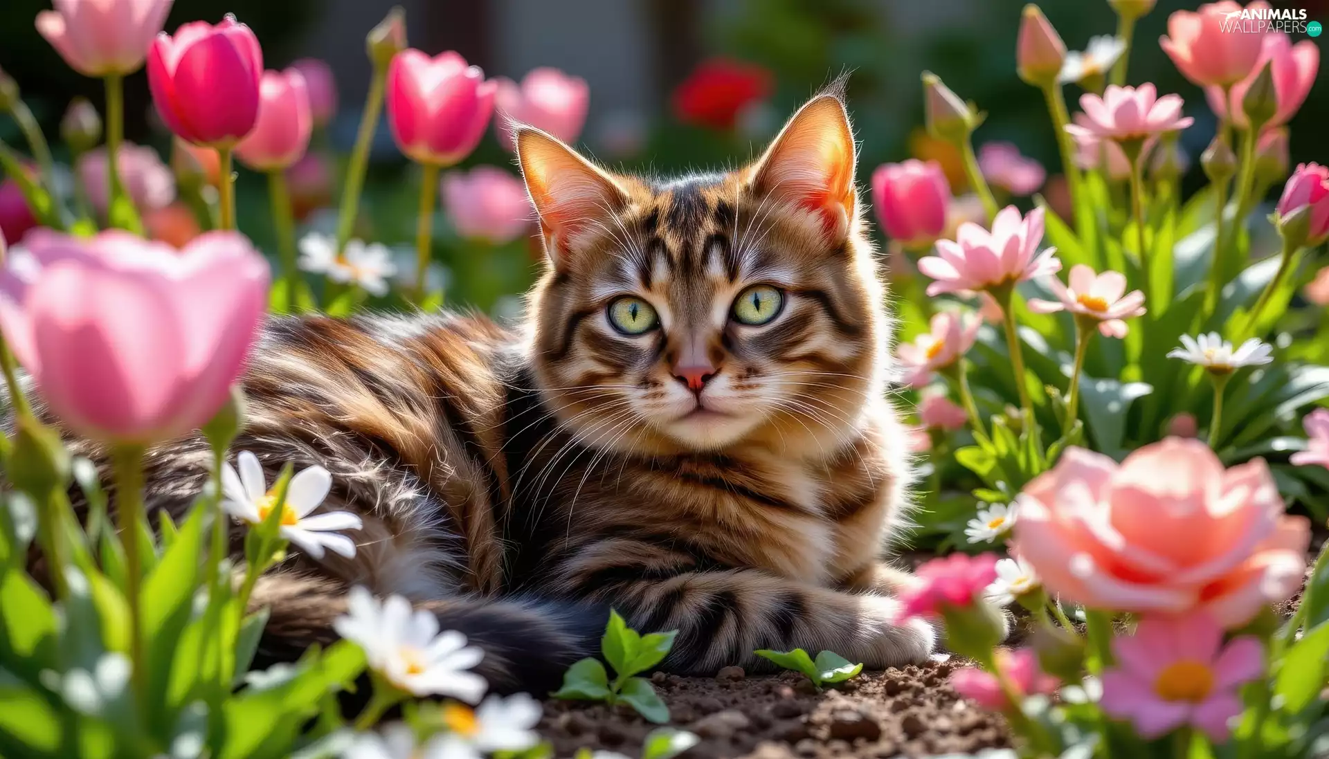 cat, dun, Flowers, lying