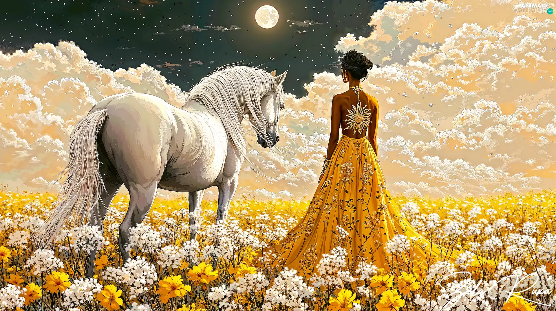 Flowers, Horse, moon, Meadow, Women, clouds, graphics