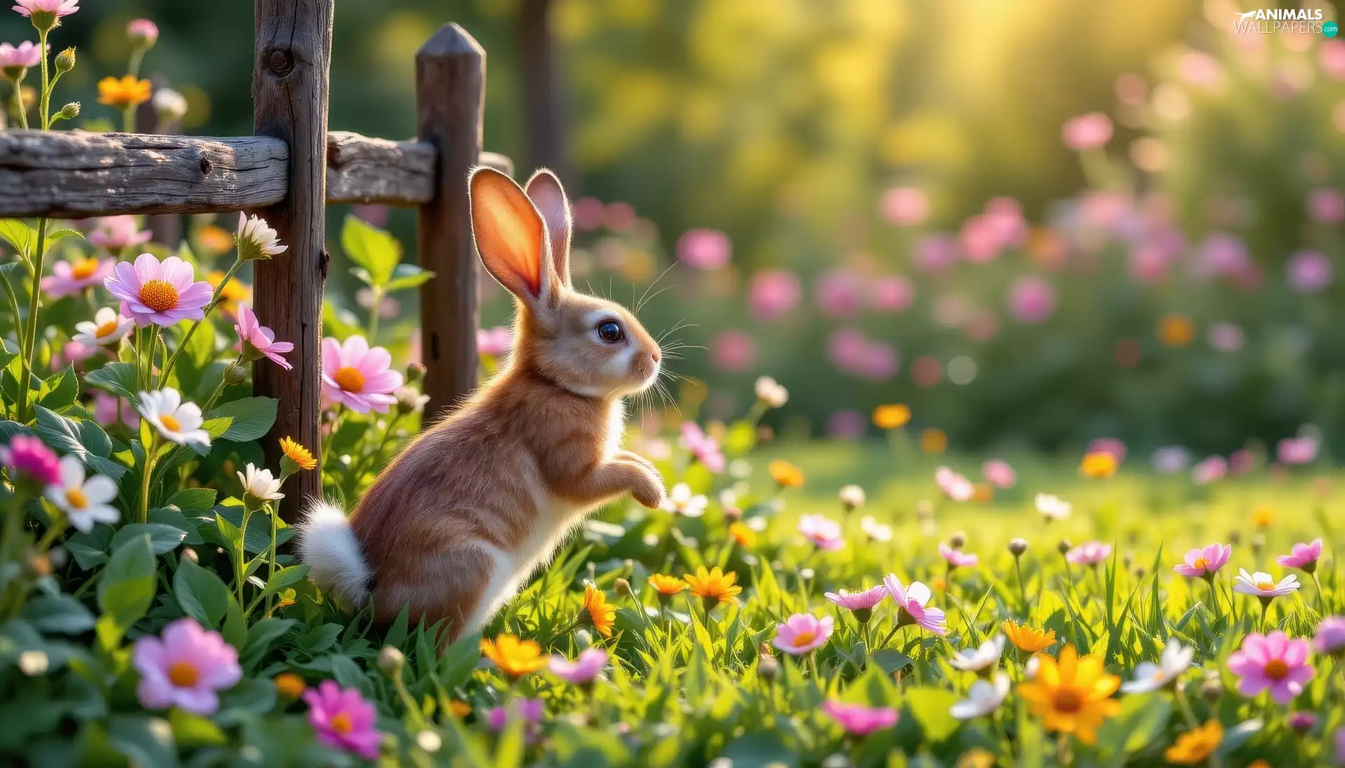 Rabbit, Flowers, Fance, Meadow