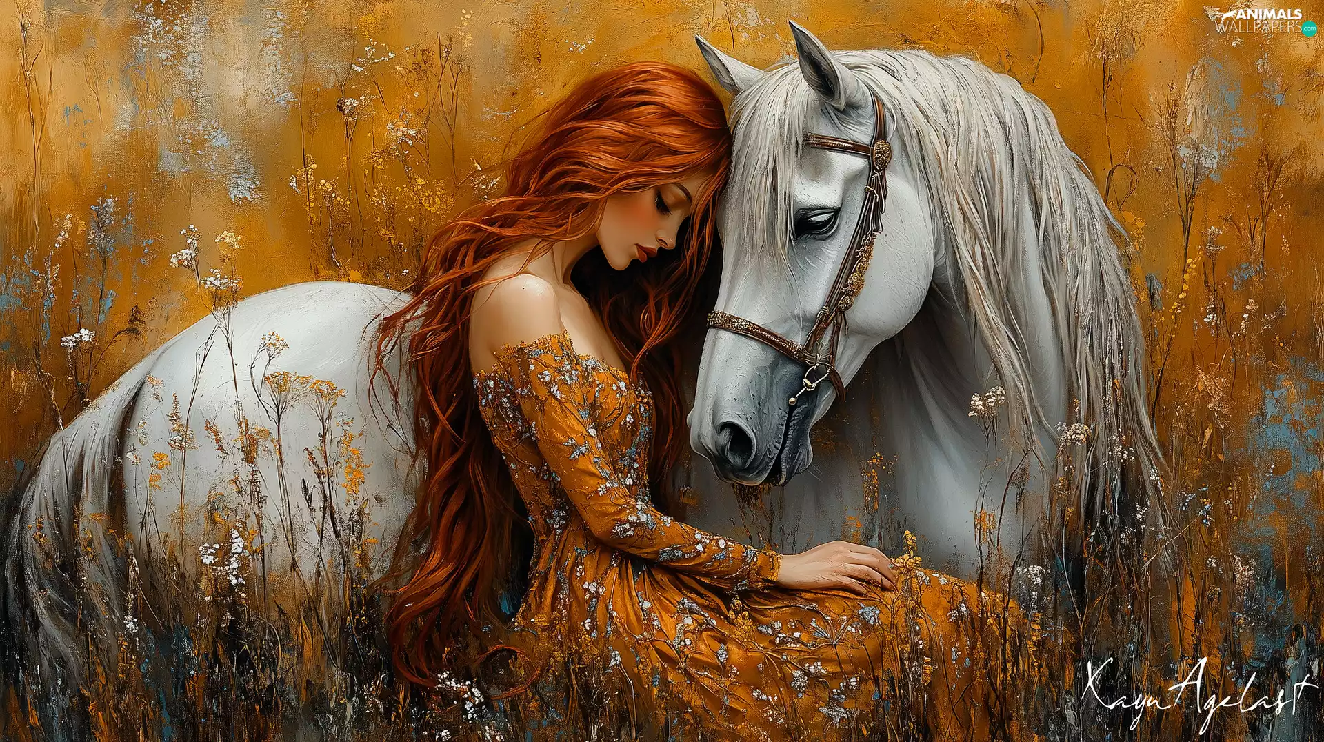 Horse, Meadow, redhead, White, Women