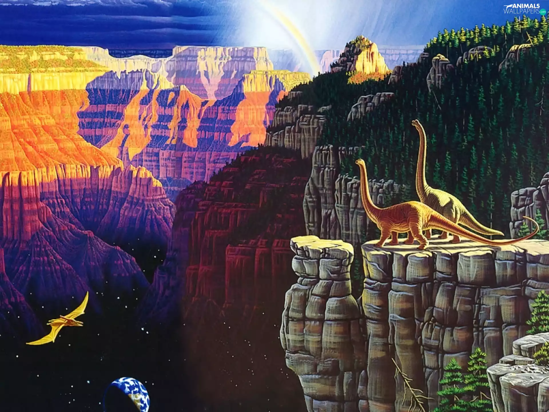 Great Rainbows, dinosaurs, Mountains