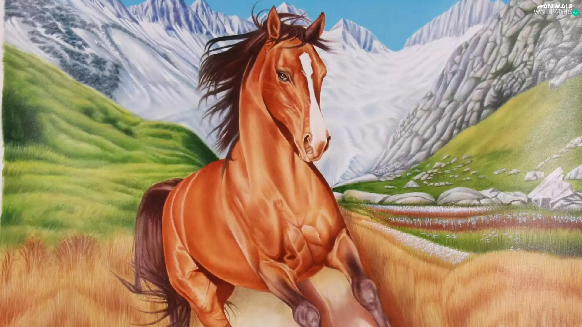Horse, green, Drawing, Mountains