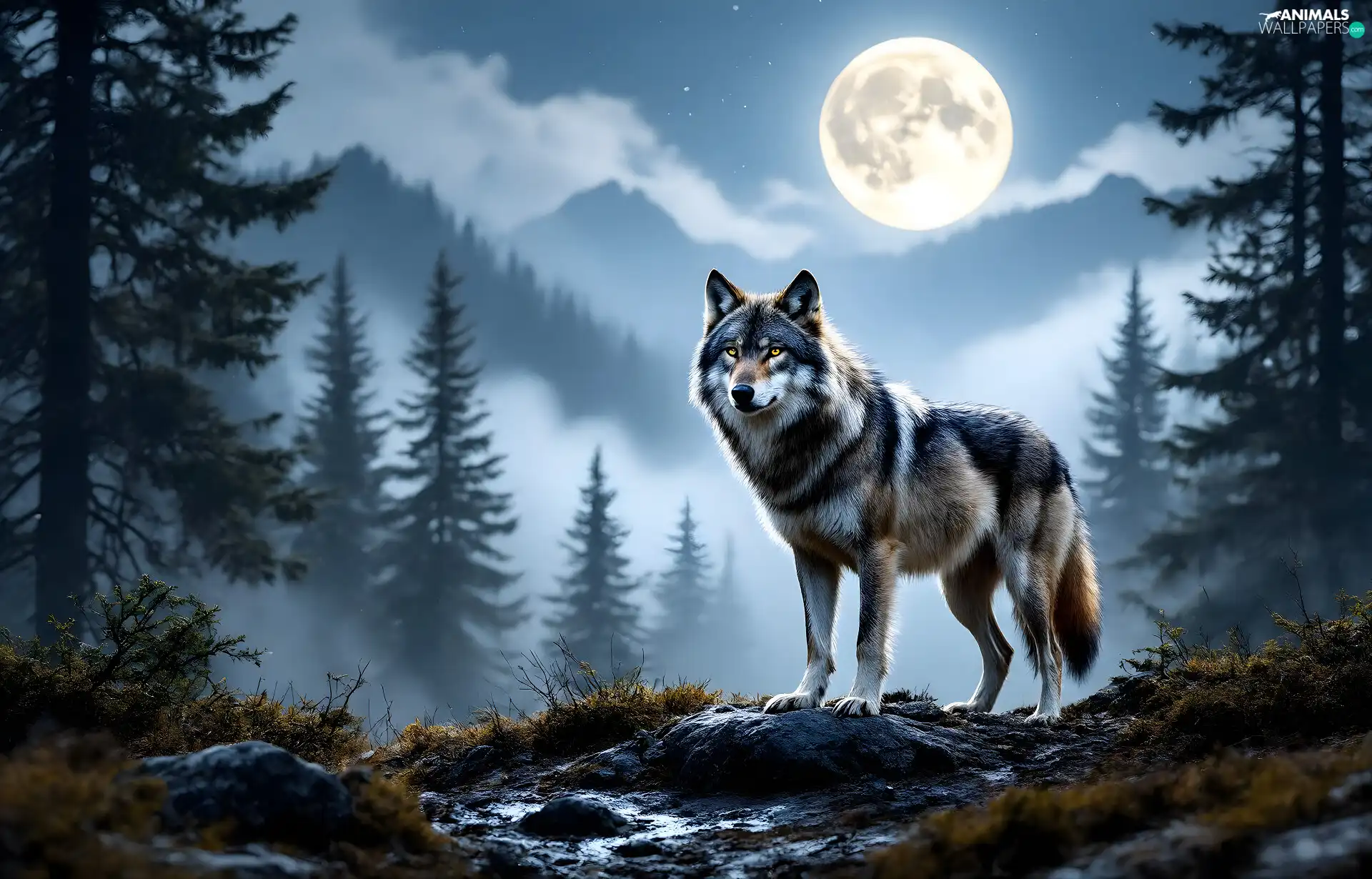 forest, Wolf, Mountains, Night, Fog, Rocks