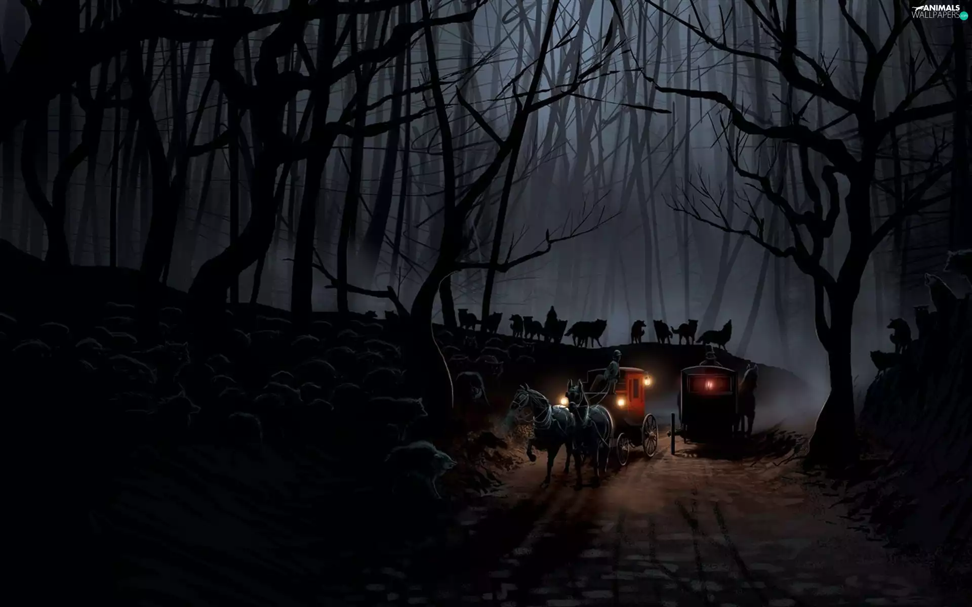 forest, Stagecoach, Fog, Night, wolves, Way