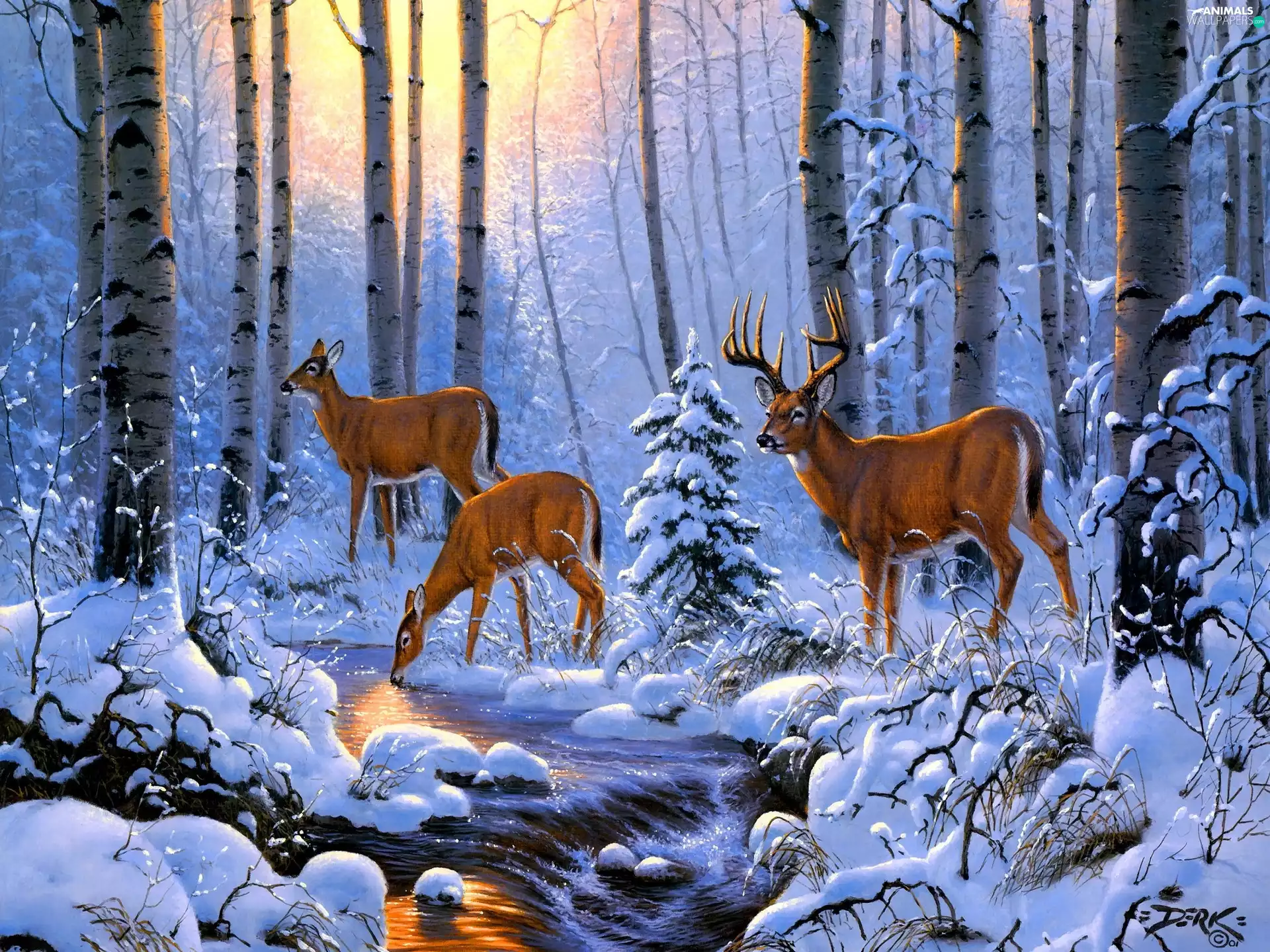 winter, painting, deer, forest, doe