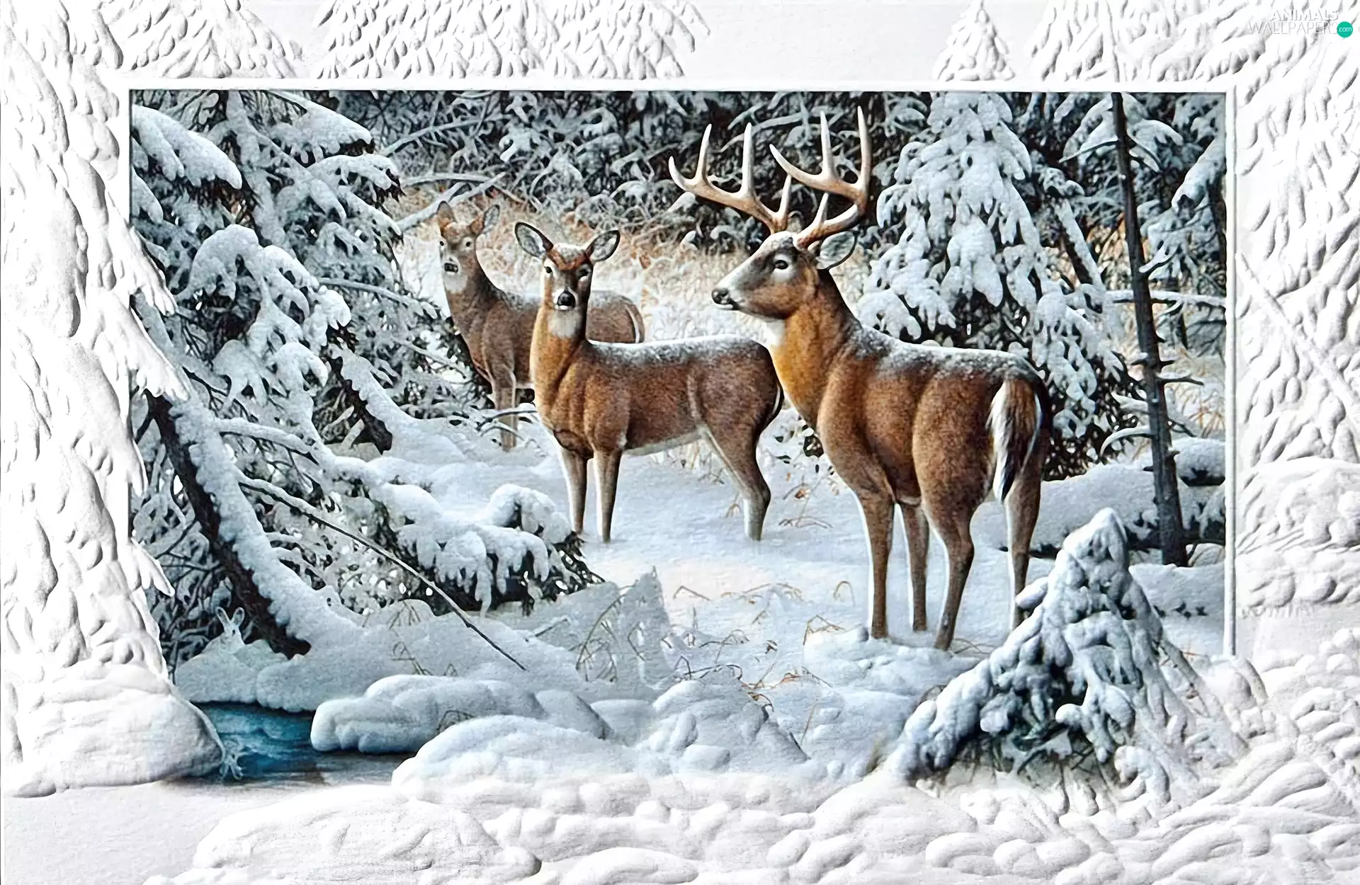 winter, painting, deer, deer, forest