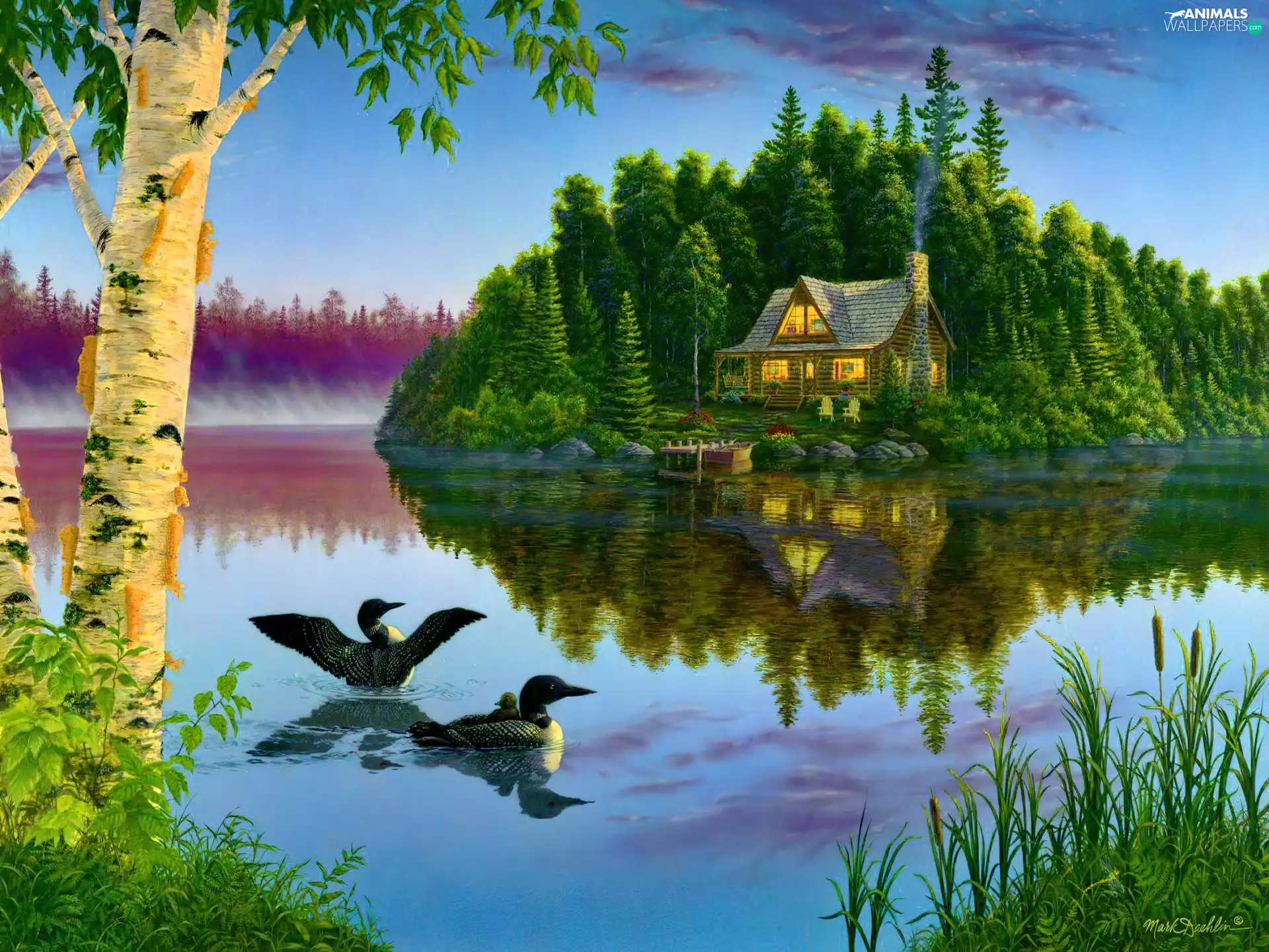 View, painting, ducks, house, lake