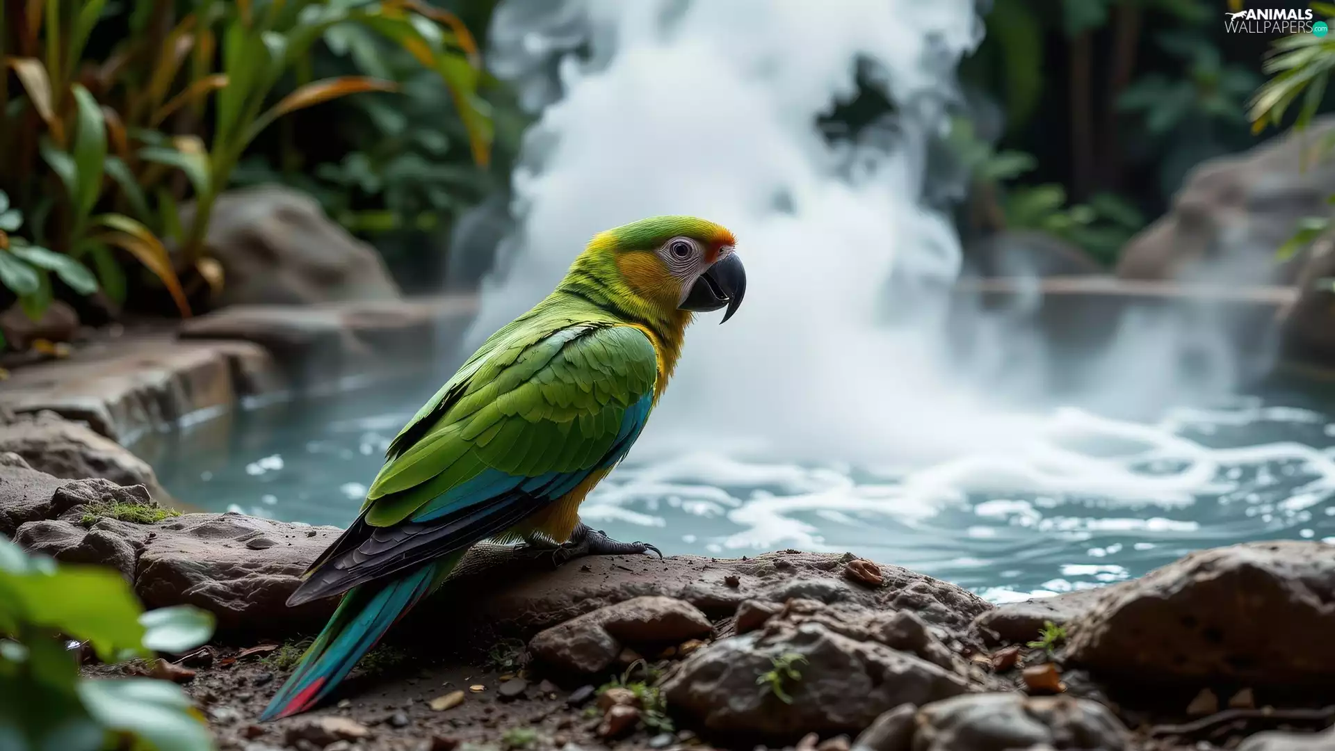 Pond Water, Stones, parrot, ara, Green
