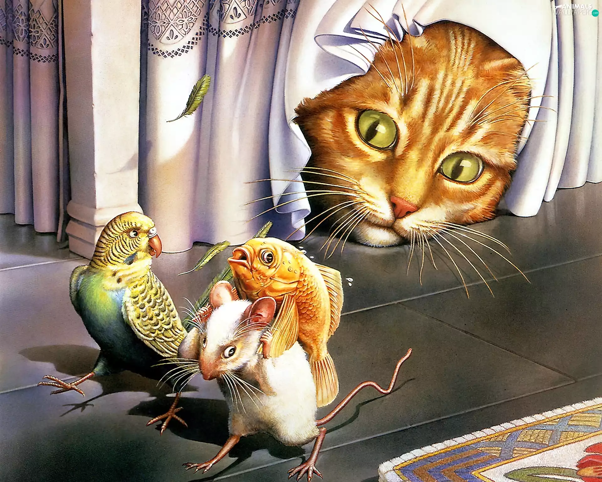 parrot, cat, mouse