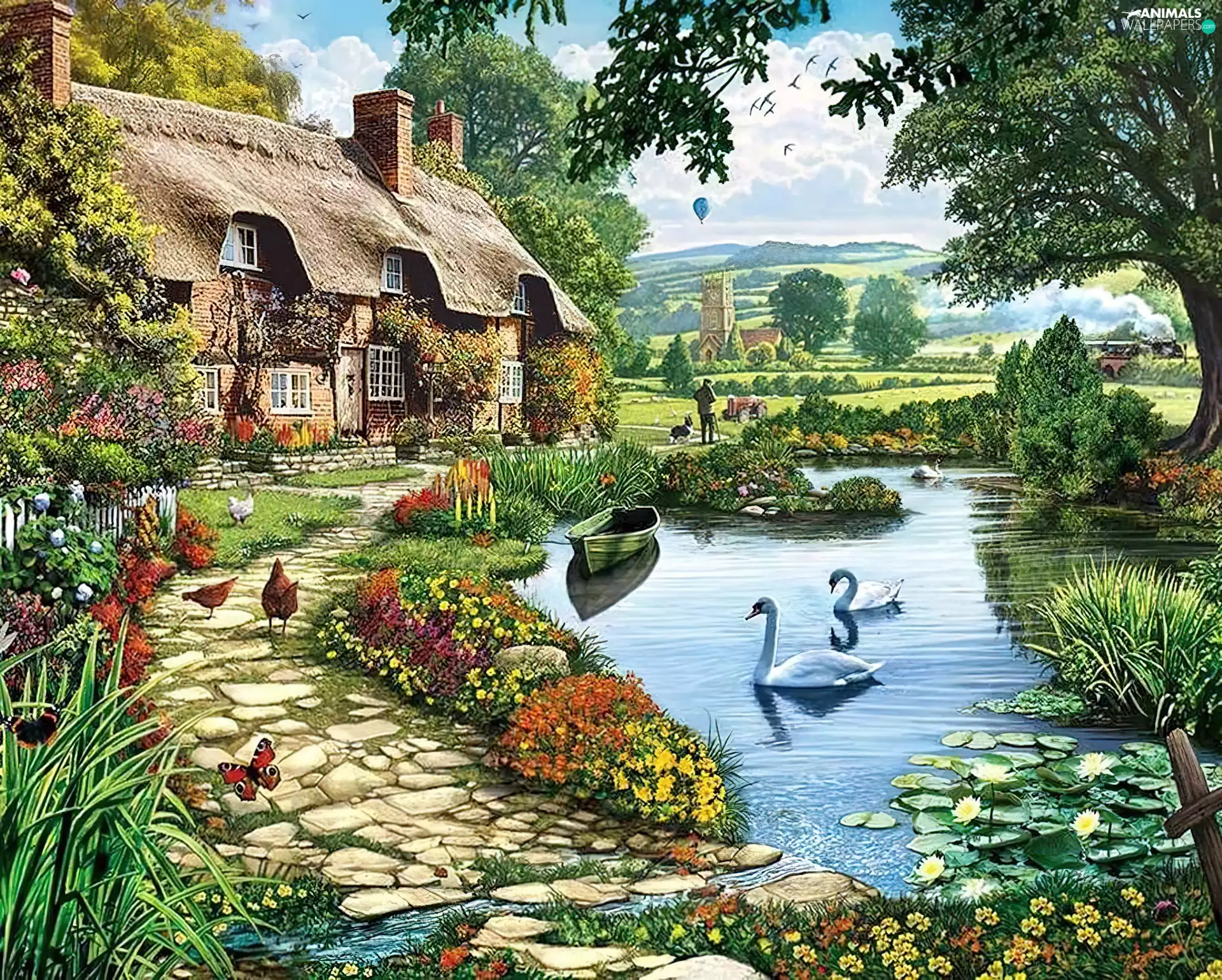 Pond - car, house, hens, Poster Image, Swan, Path