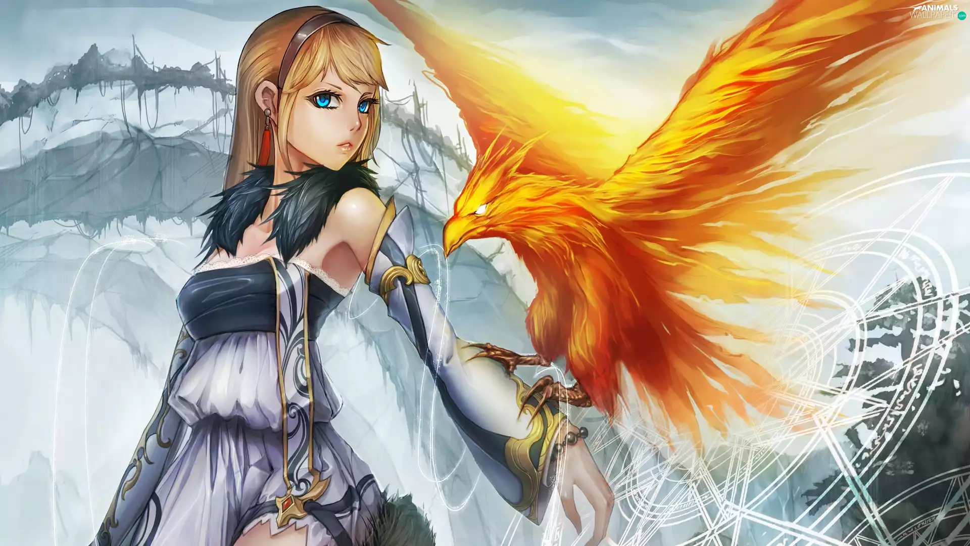 Bird, phoenix, Women, blazing, fantasy