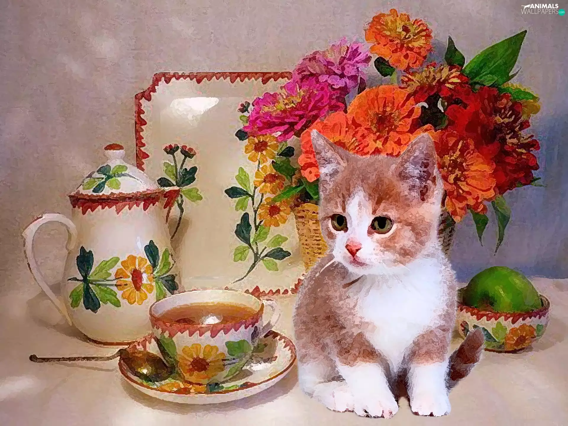 Flowers, picture, kitten, cup, small