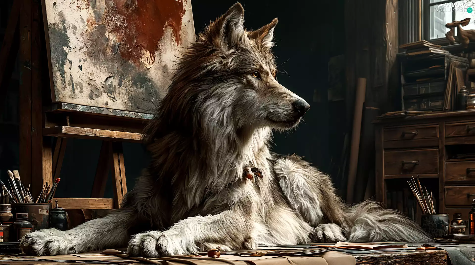 Easels, picture, Wolf, lying, graphics