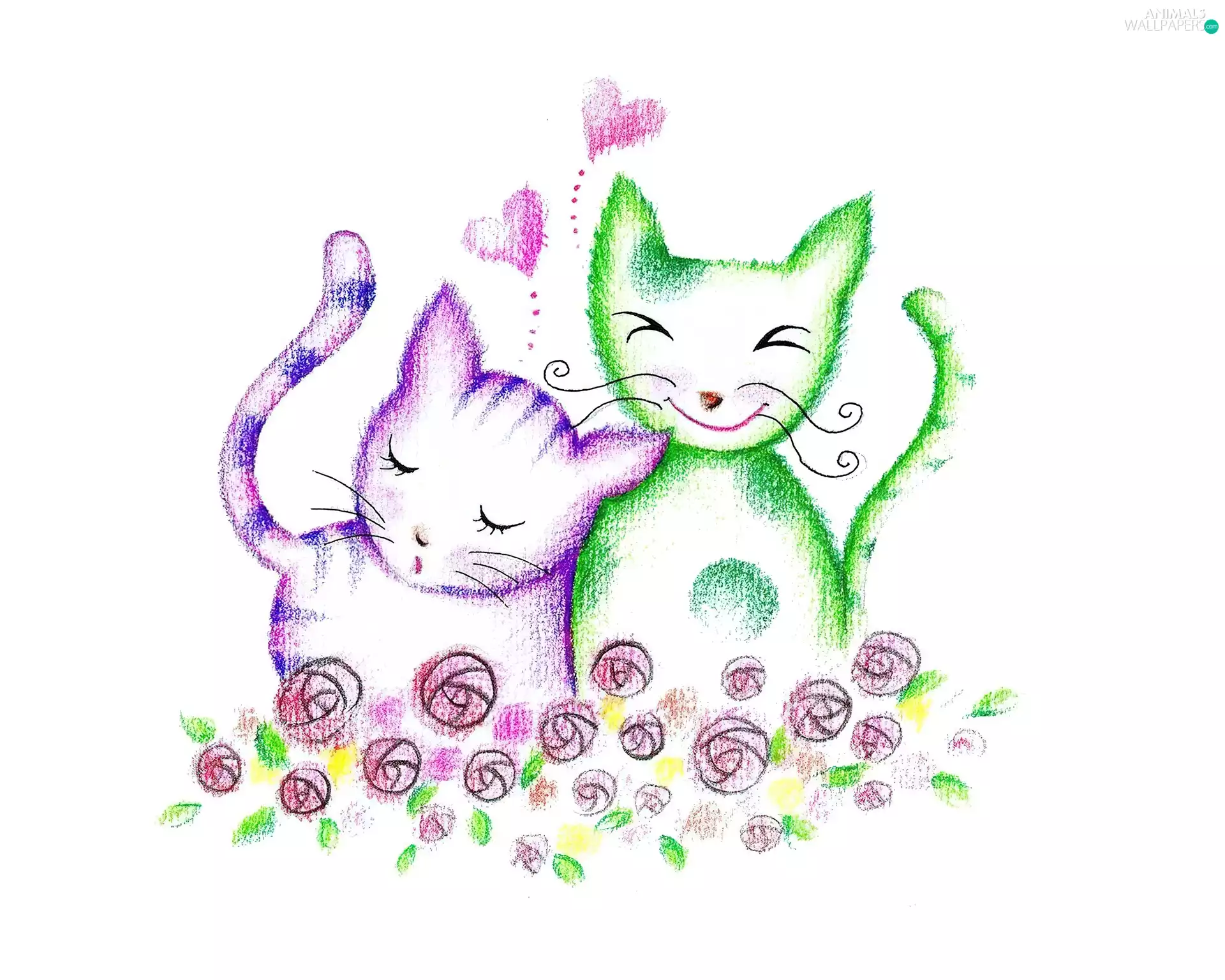 Green, Drawing, puss, Pink, Two cars