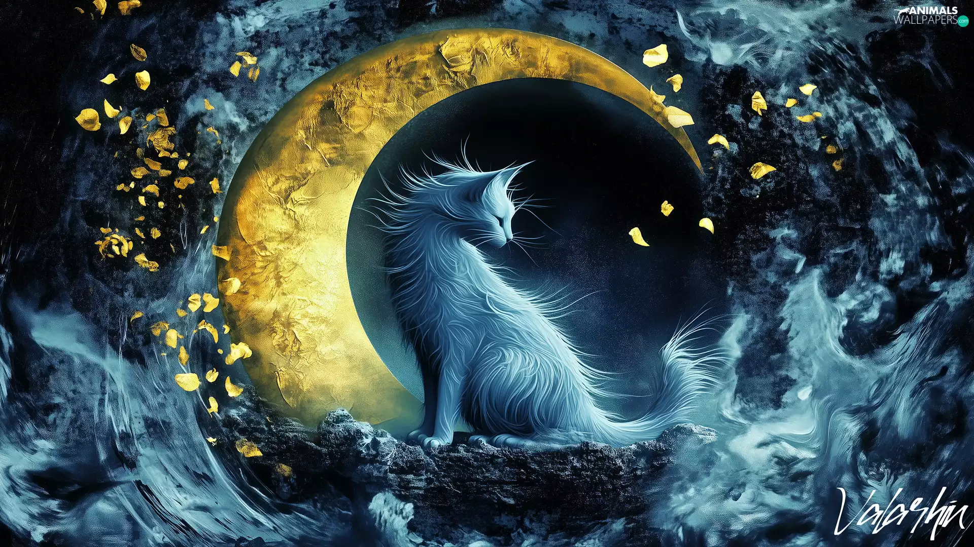 cat, Golden, graphics, moon, smoke, White, Night, puffs