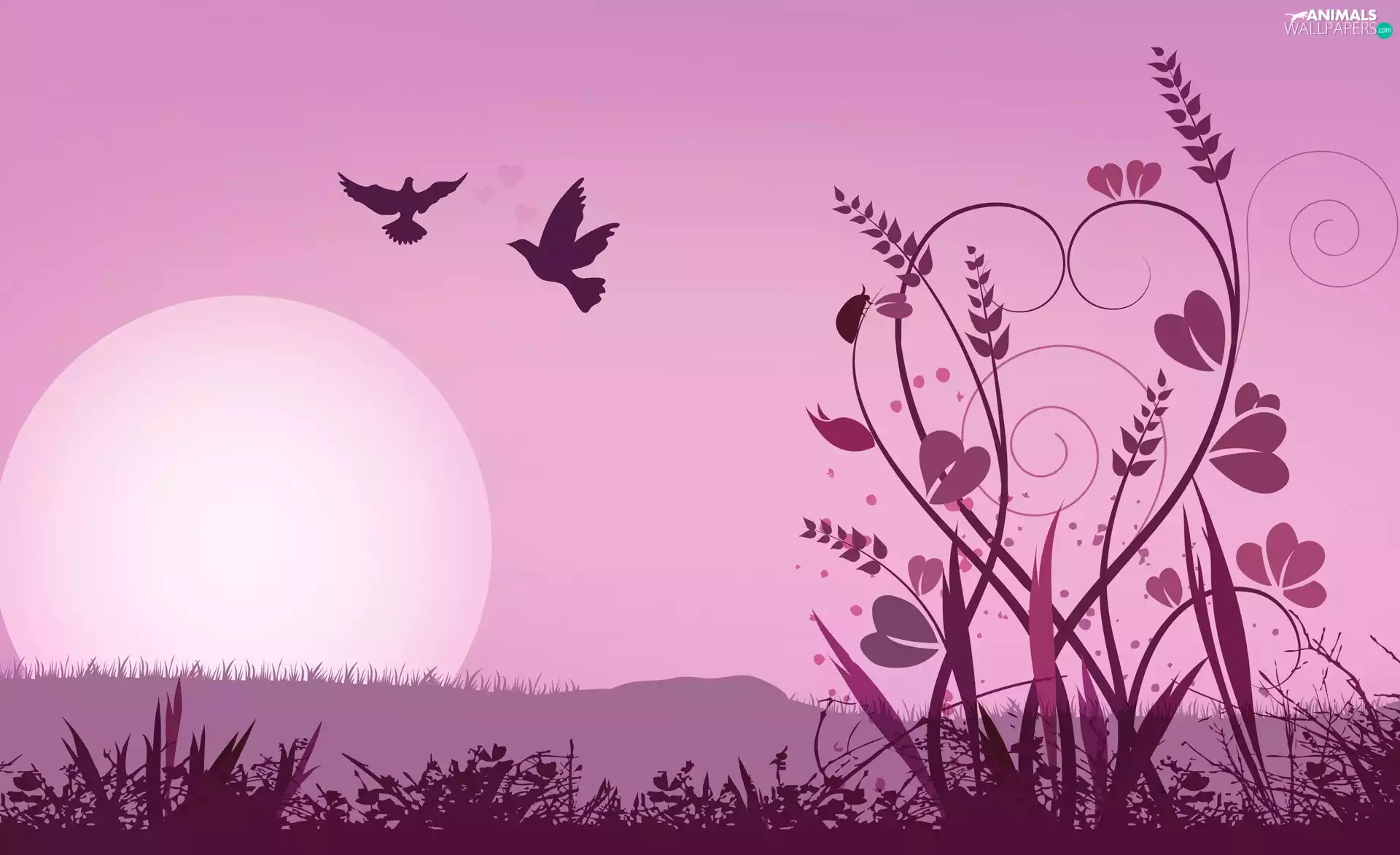 sun, leaves, Birds on the log, west, purple