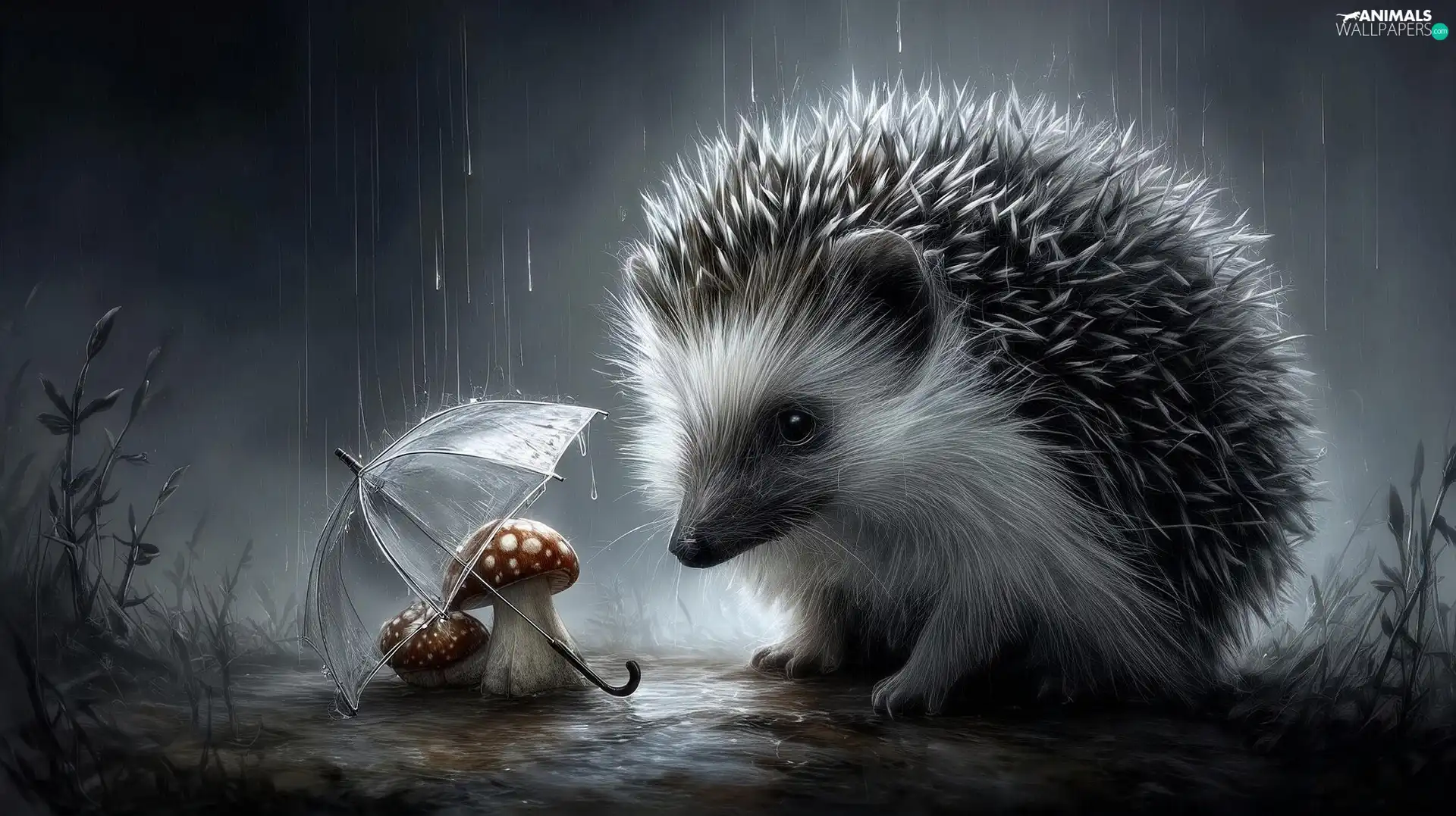 hedgehog, toadstools, Umbrella, Rain