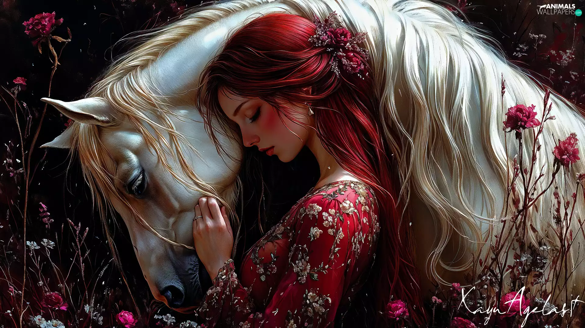 Hair, Longs, Horse, Red, Women, White, Flowers