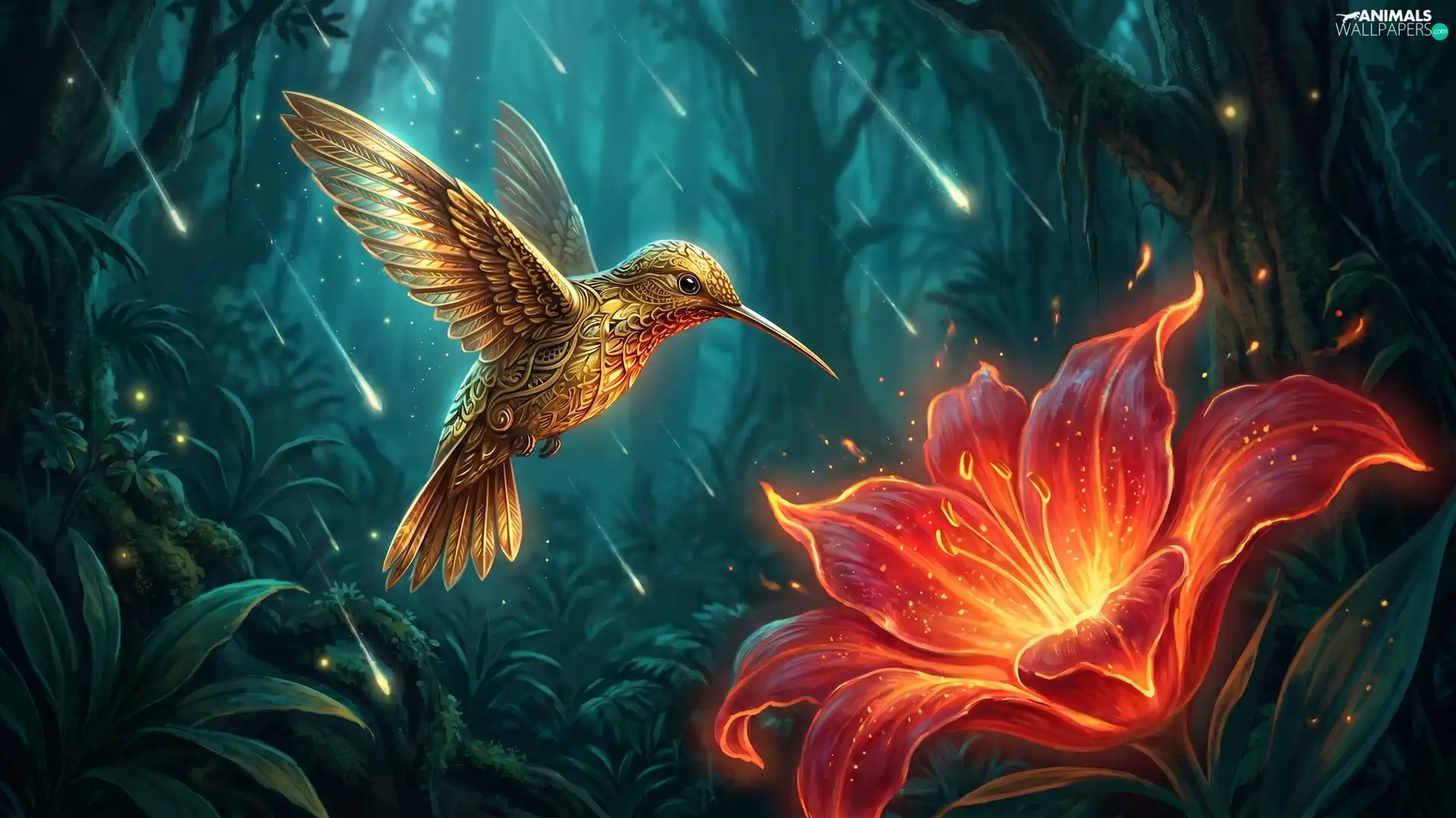 forest, Ai, Lily, red hot, humming-bird