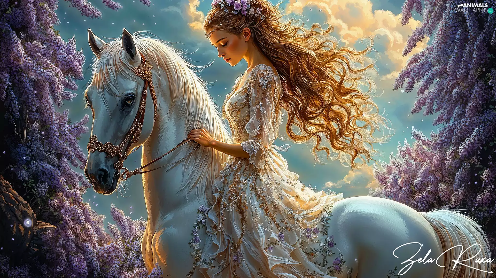 red head, Hair, Flowers, White, purple, Longs, Women, Horse
